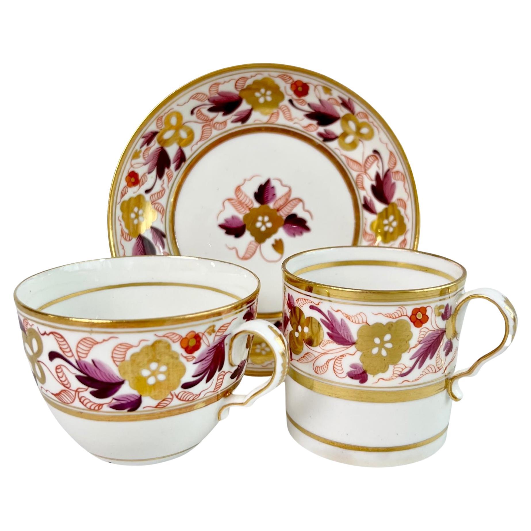 Spode Porcelain Teacup Trio, Puce and Gilt Floral Pattern, Neoclassical ca 1810