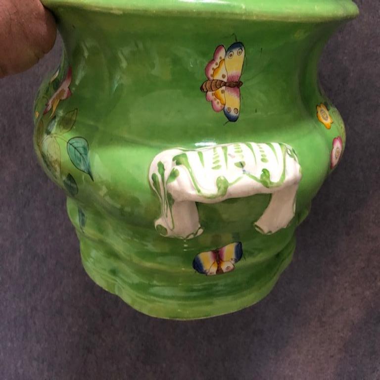 Antique Spode pottery 2 handled footbath with a bright green ground and sprays and bugs.
 