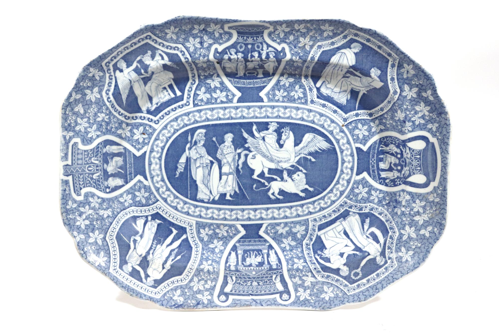Regency Spode Pottery Neo-Classical Greek Pattern Blue Dish,
Bellerophon's Victory Over Chimera,
Early-19th century 

The Spode Greek pattern pottery, shaped rectangular dish with cantered corners is printed in blue with neo-classical scenes on