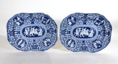 Spode Pottery Large Neoclassical Greek Pattern Blue Pair of Dishes
