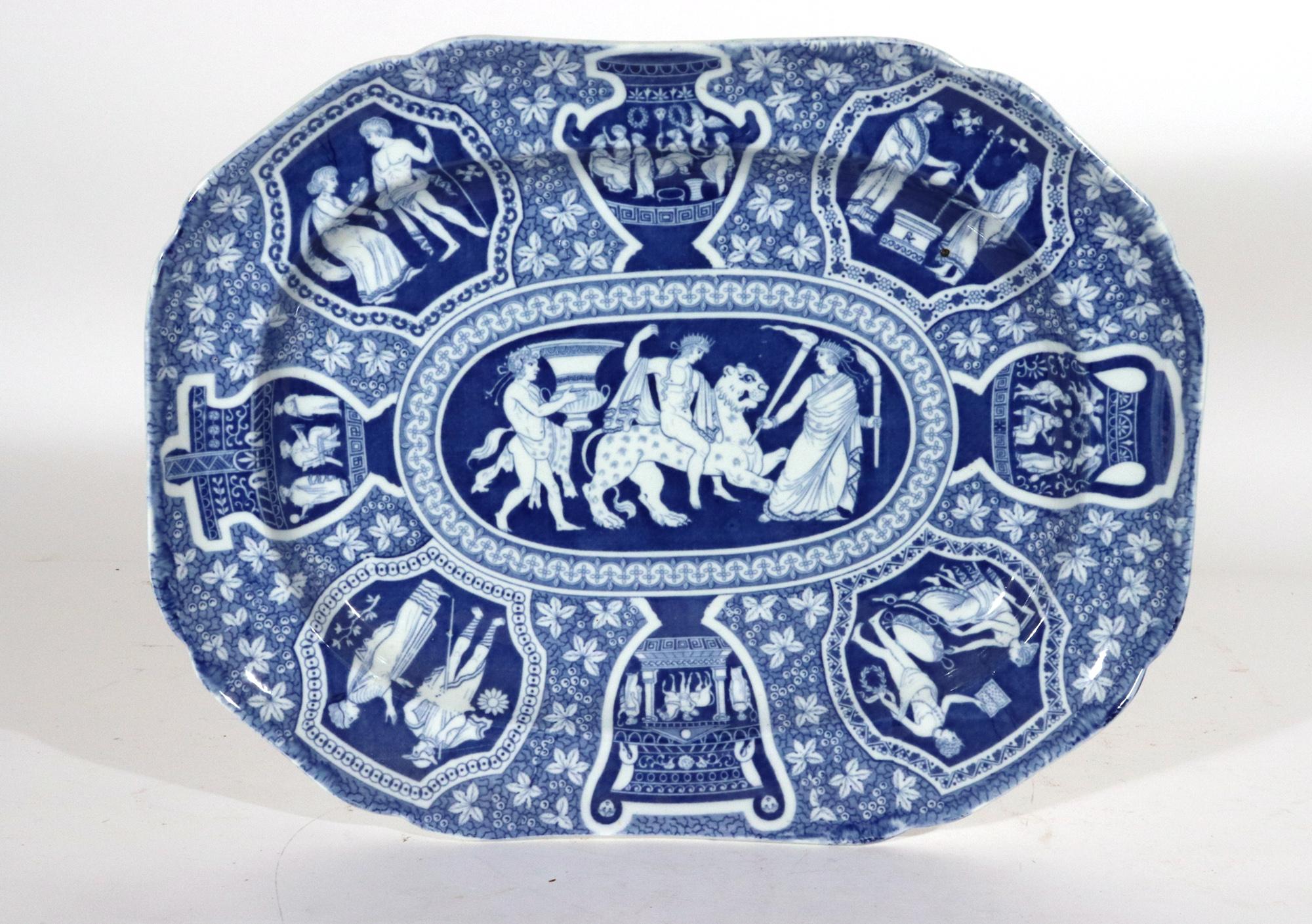 English Spode Pottery Large Neoclassical Greek Pattern Blue Pair of Dishes For Sale