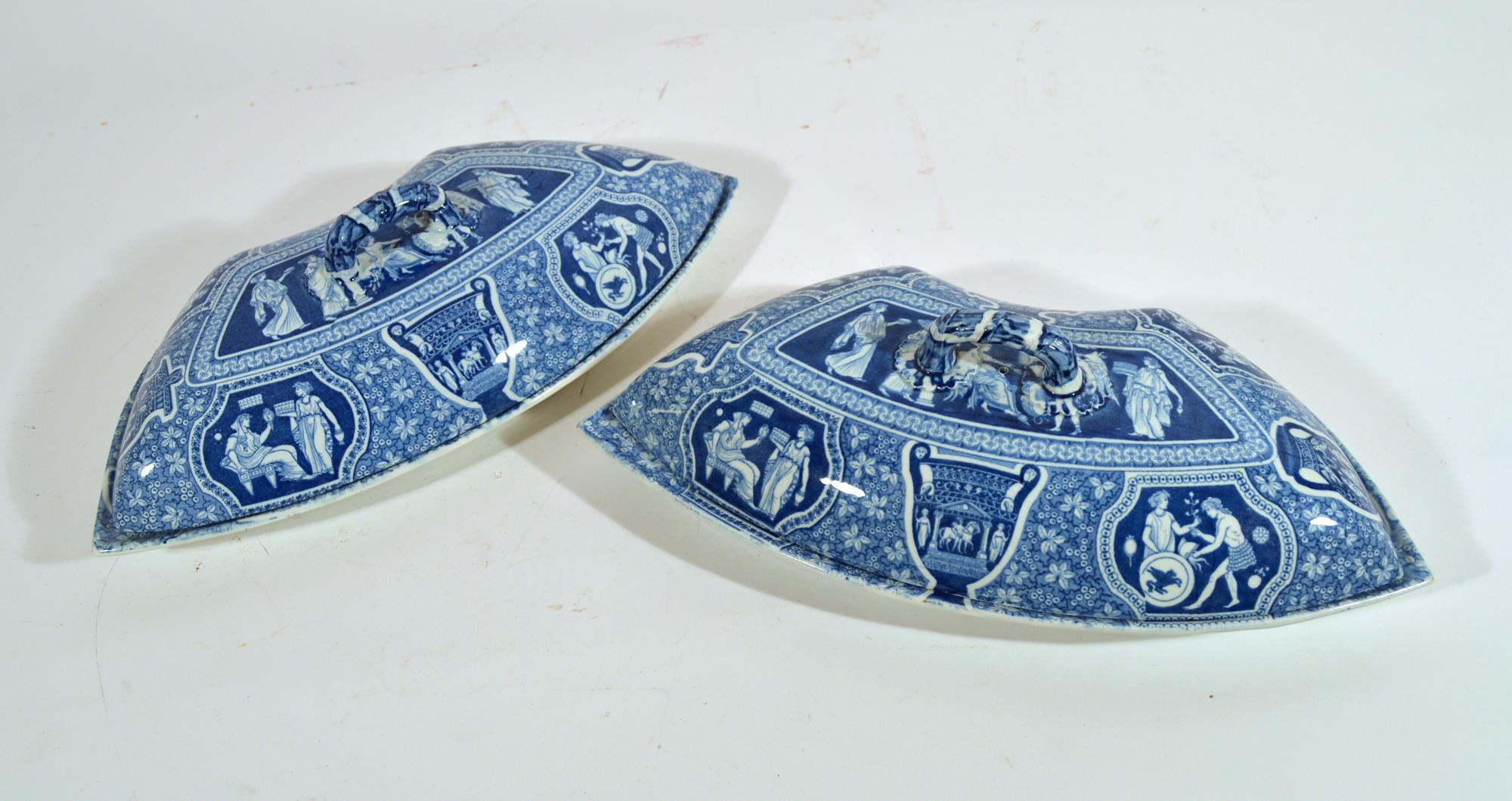 Spode Pottery Neoclassical Greek Pattern Blue Printed Supper Set For Sale 2