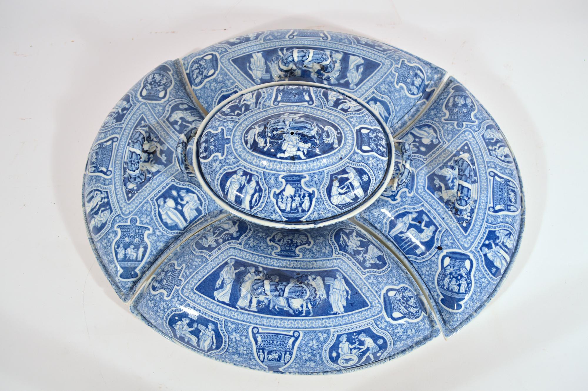 Spode pottery neoclassical Greek pattern blue printed supper set 
Early-19th century 

From a large collection of Greek pattern pieces in various colors and forms

The rare Spode pottery underglaze blue Greek pattern supper set consists of a