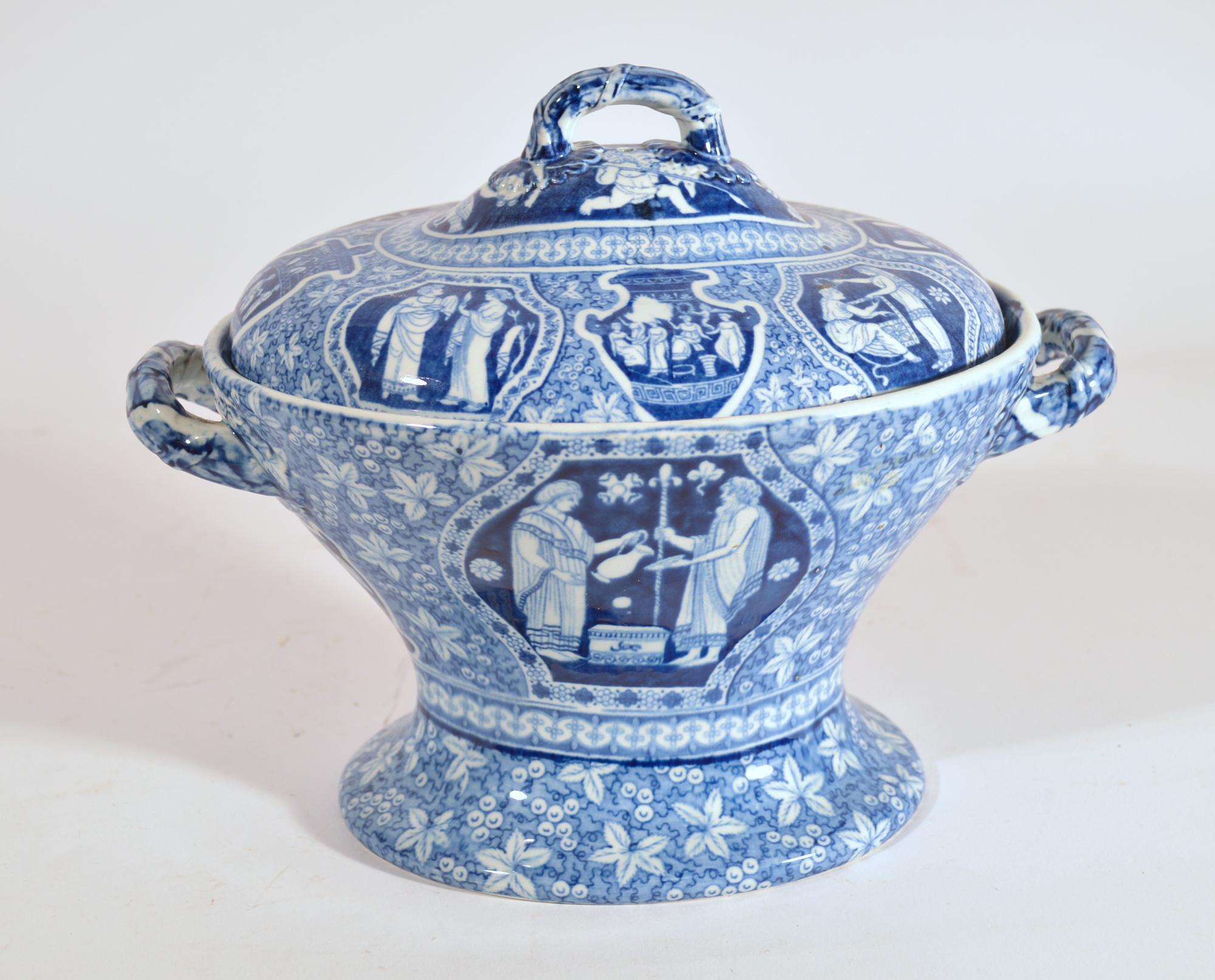 Spode Pottery Neoklassizistisches Supper-Set mit griechischem Muster und blauem Druck  (Englisch) im Angebot
