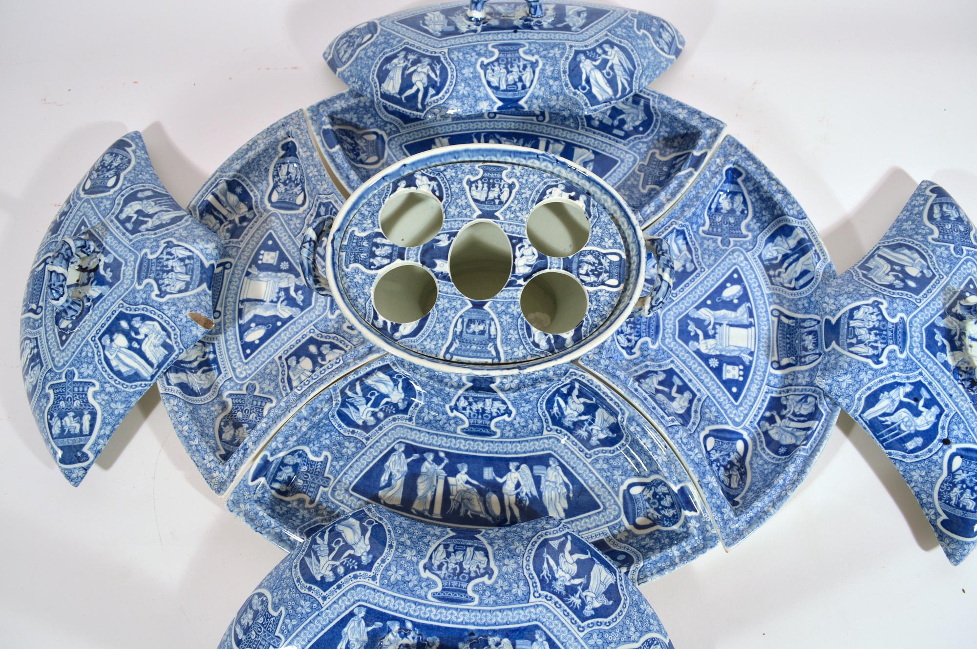 English Spode Pottery Neoclassical Greek Pattern Blue Printed Supper Set For Sale
