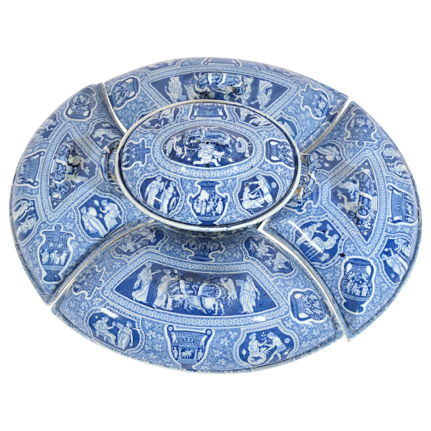 Spode Pottery - Ensemble de couverts néoclassique à motif grec imprimé bleu 