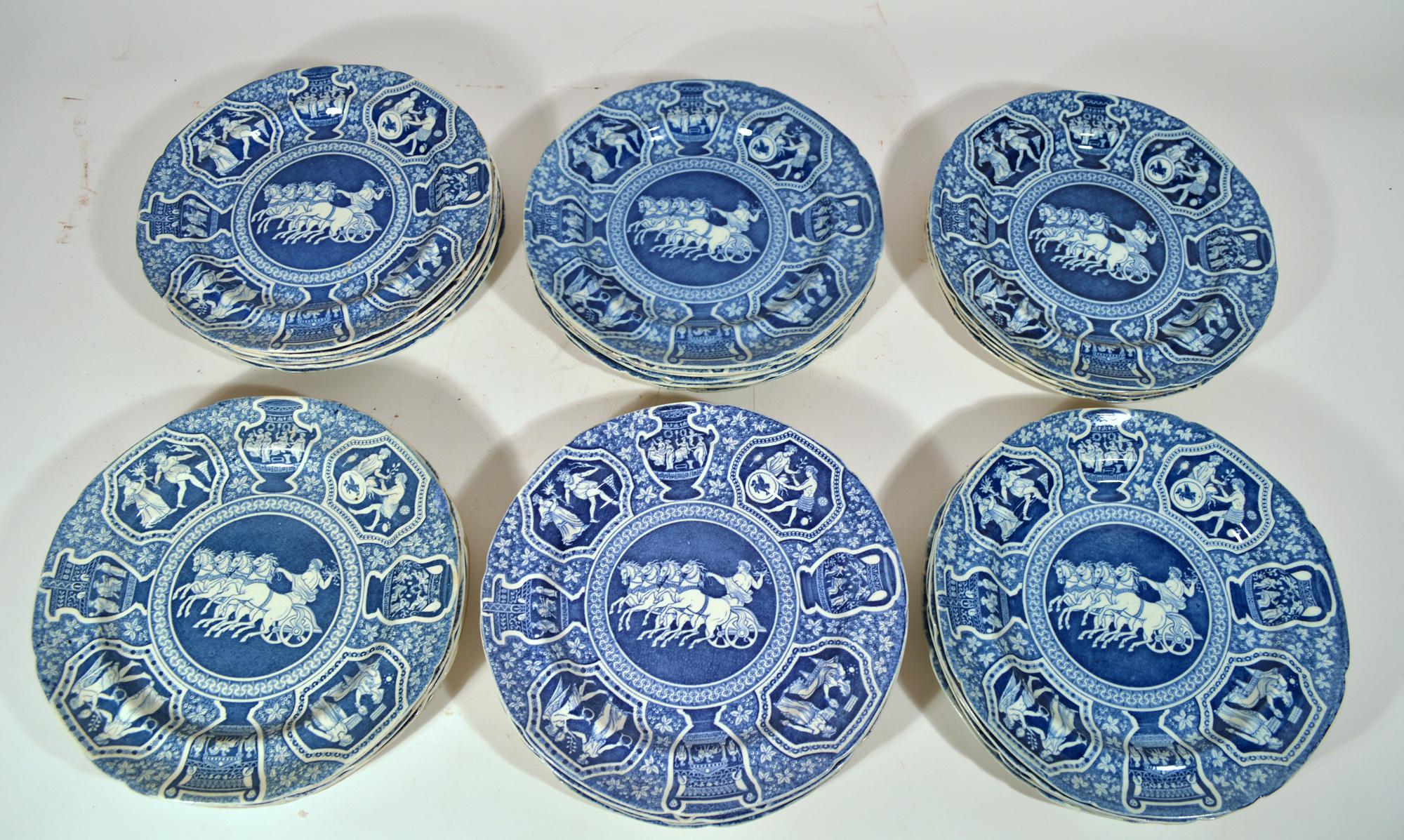 Spode Pottery neo-Classical Greek Pattern blue set of dinner plates-33 plates
Zeus in His Chariot,
Early-19th Century
The Spode pottery underglaze blue Greek pattern has a central design of Zeus in His Chariot with urns and shaped panels with
