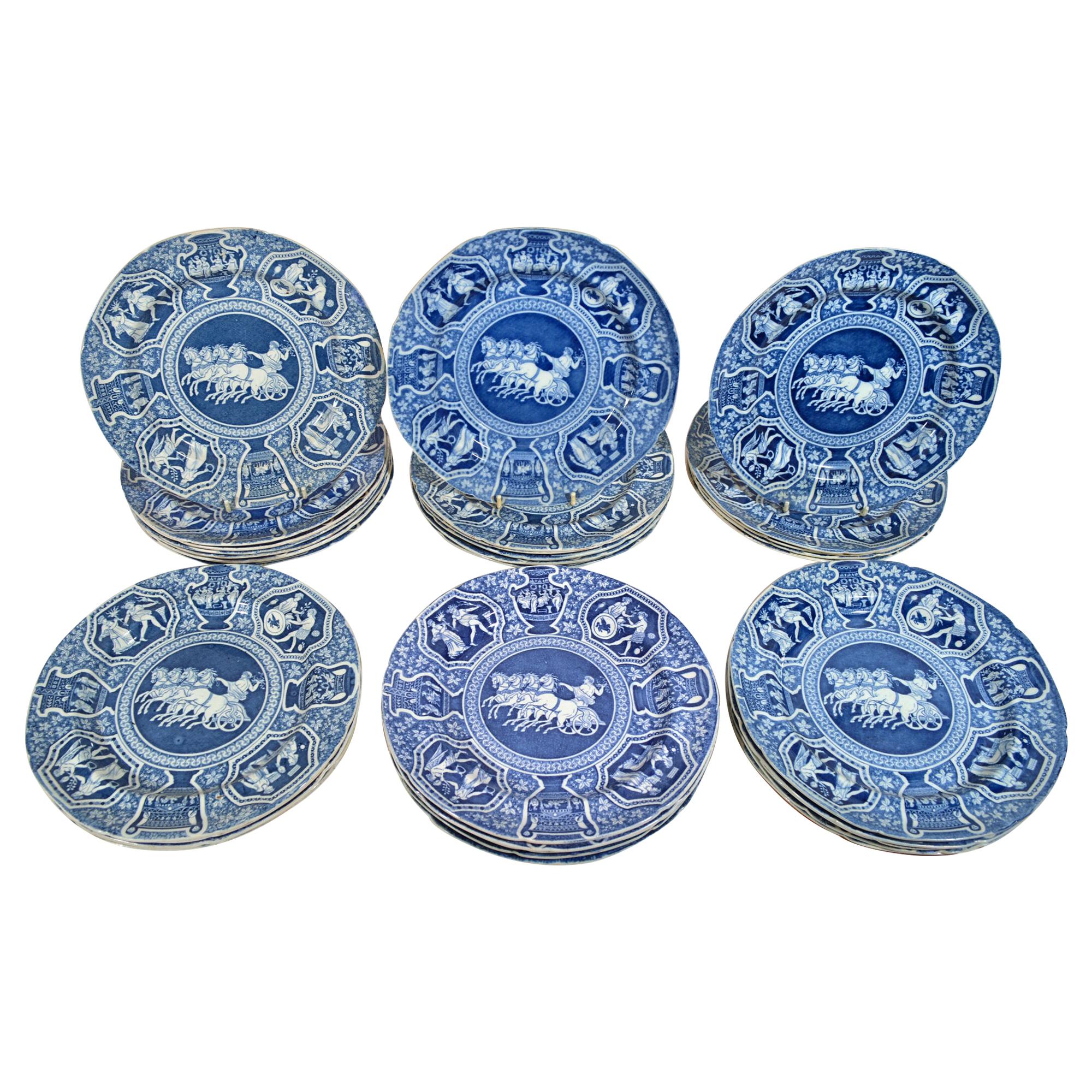 Spode Pottery Neo-Classical Greek Pattern Blue Set of Dinner Plates-33 Plates For Sale