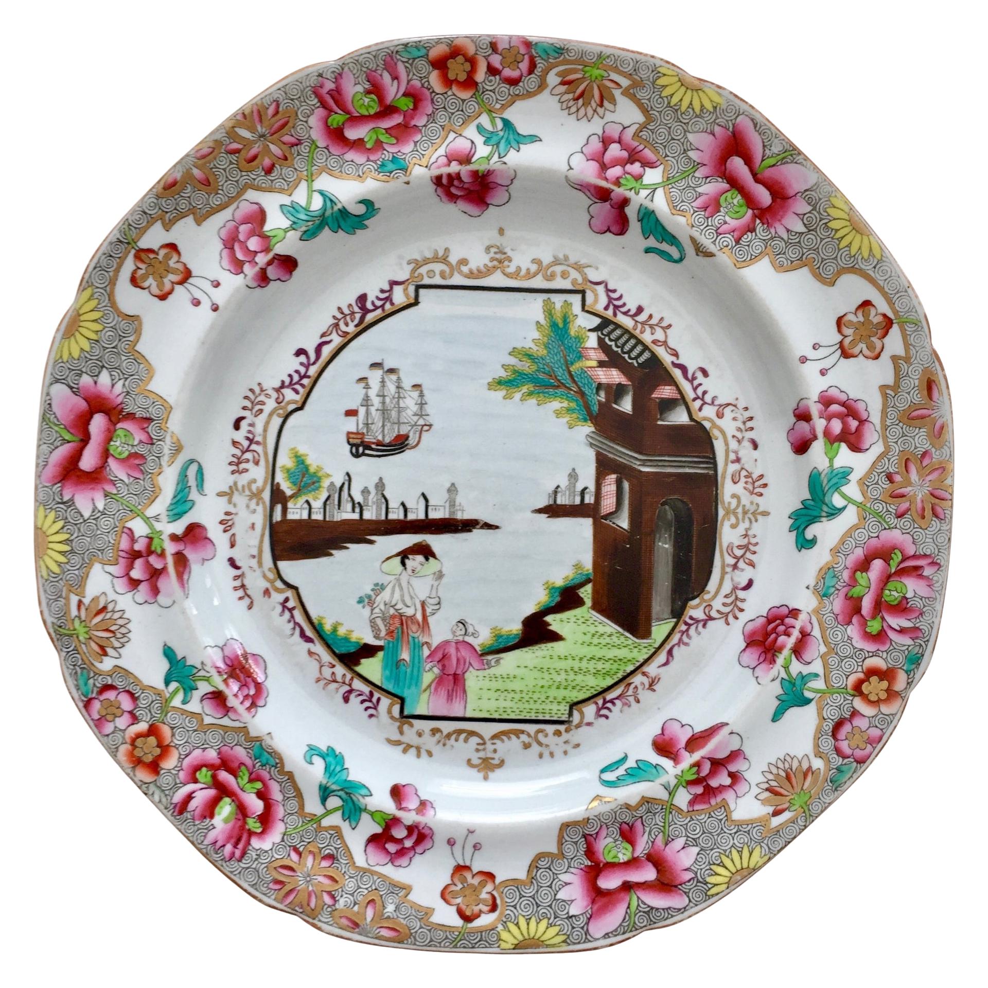 This is a beautiful Spode plate made between 1812 and 1833, which was the Regency era. The plate is made of stone china and is decorated in the chinoiserie style with the very famous and now rare 
