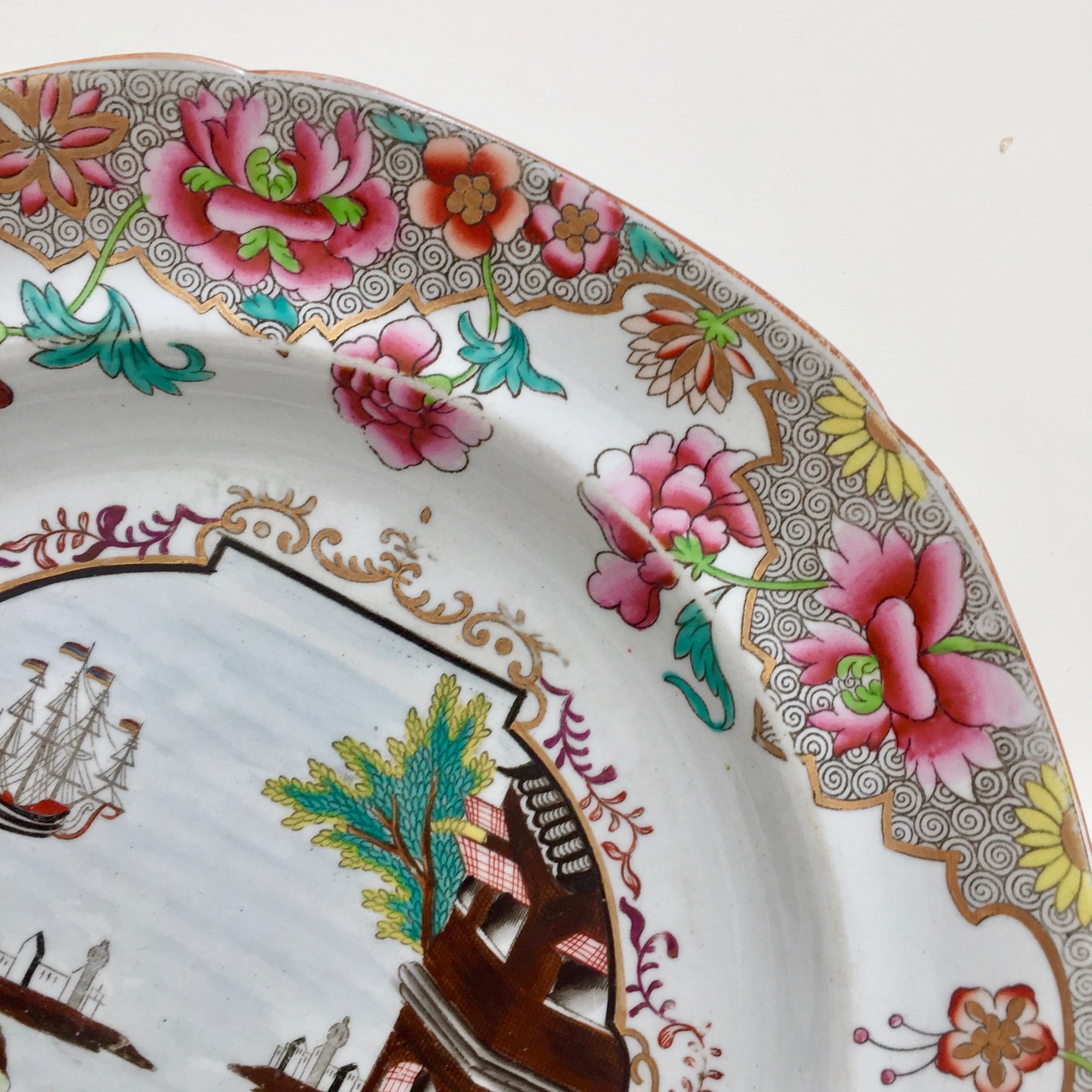 Early 19th Century Spode Stone China Plate with Chinoiserie Ship Pattern, Regency, 1812-1833