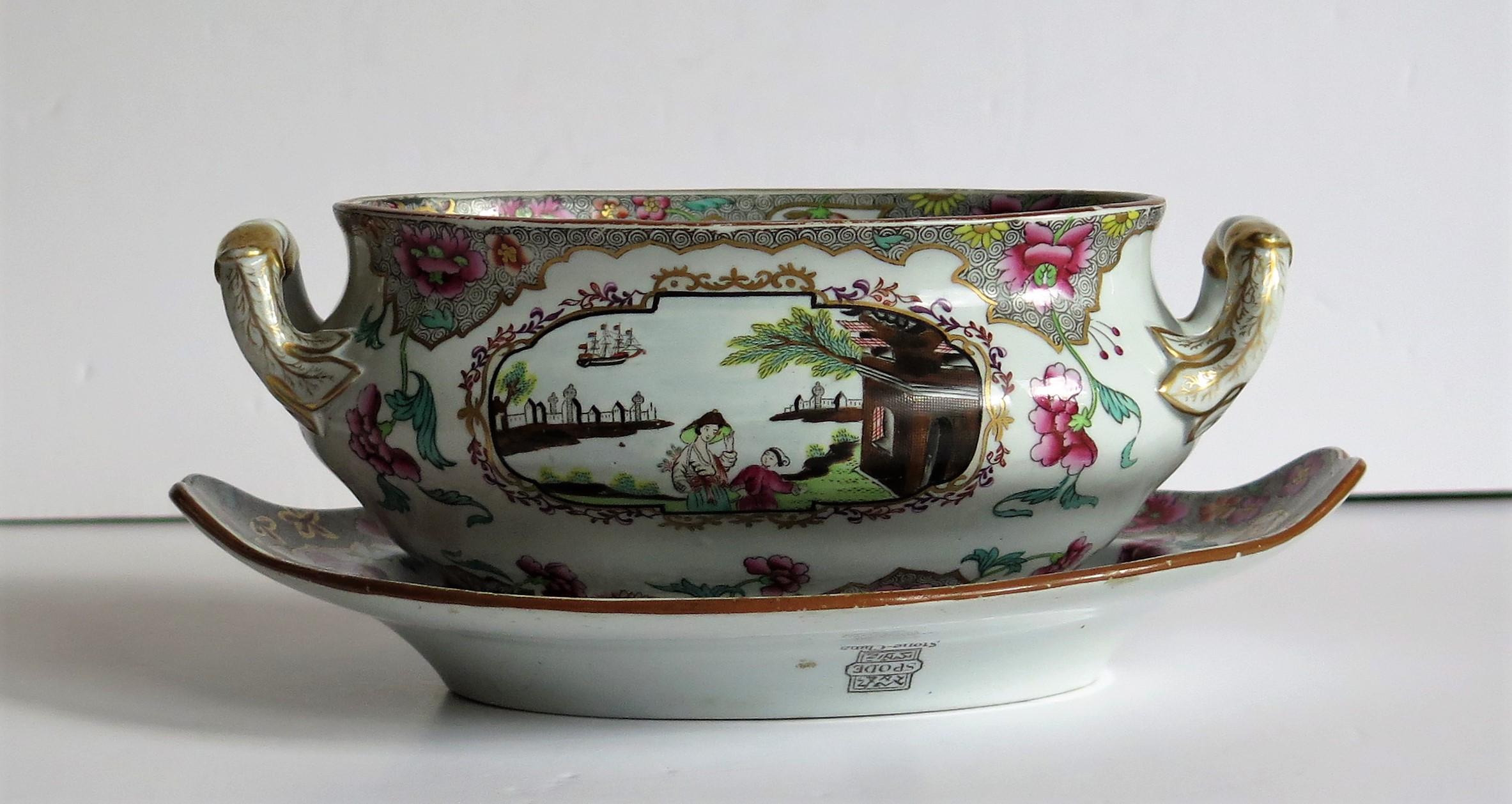 This is a very good sauce tureen and stand (Under Plate) made of ironstone (Spode's Stone China) in the Ship Pattern, No 3067, produced by the English, Spode factory early in the 19th century, George 111rd Period.

The pattern is called the Ship