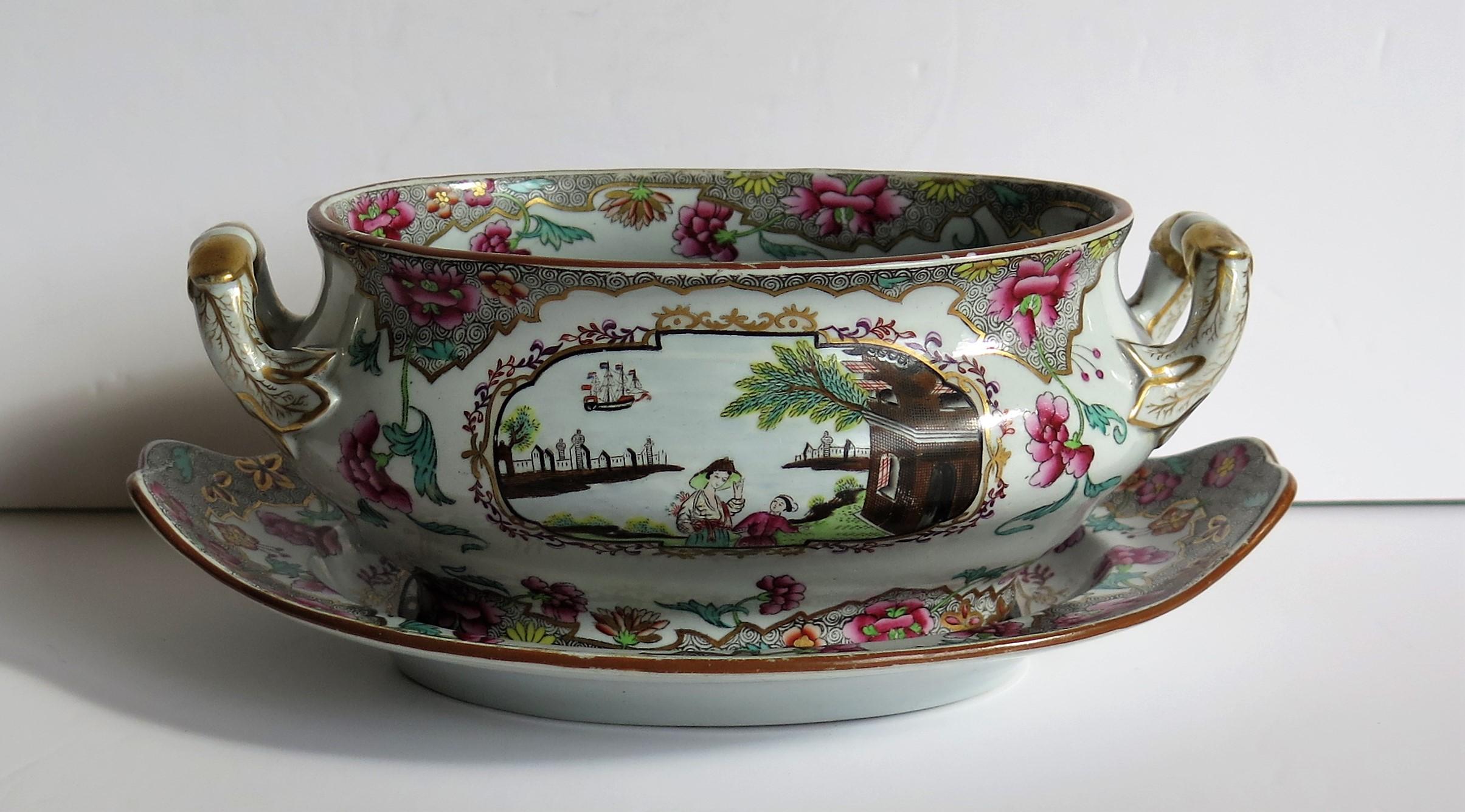 Chinoiserie Spode Stone China Sauce Tureen & Stand in Ship Pattern 3067, circa 1810