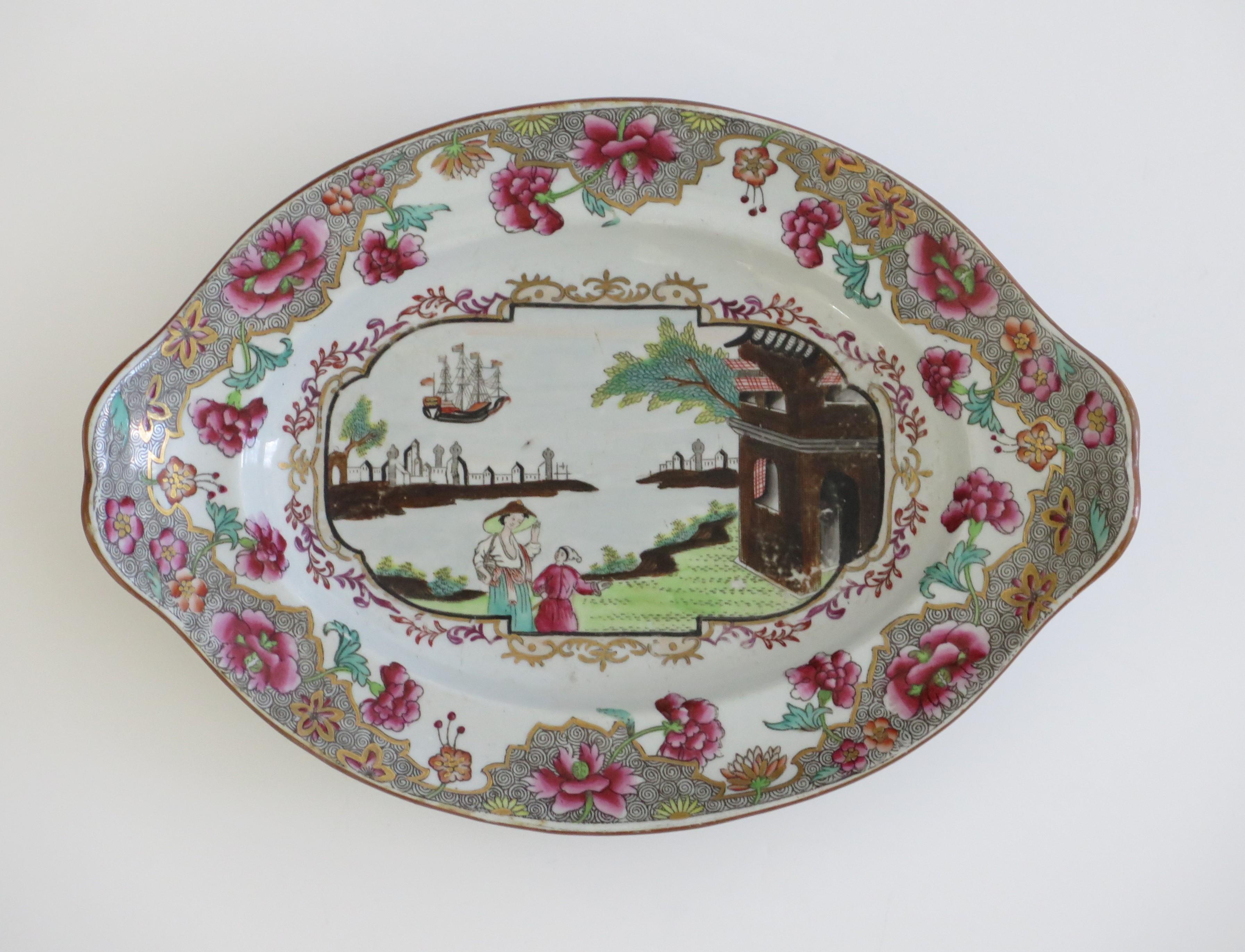 This is a good small Serving Dish made of ironstone (Spode's Stone China) in the Ship Pattern, No 3068, produced by the English, Spode factory early in the 19th century, George 111rd Period.

The pattern is called the Ship pattern number 3068, the