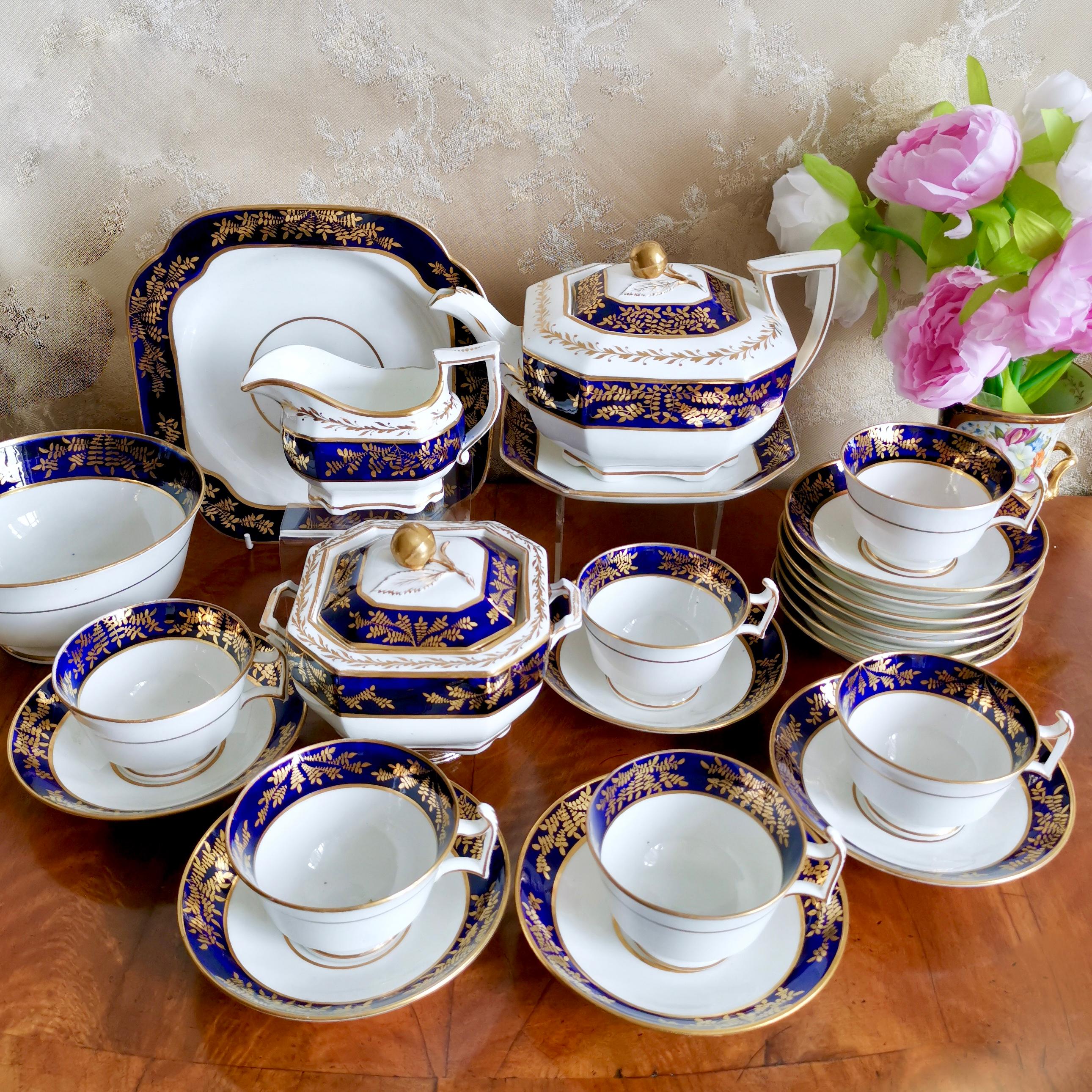 This is a stunning tea service consisting of an octagonal teapot on a stand, six teacups, twelve saucers, a milk jug, a lidded sucrier, a slop bowl and a cake plate. This service was made by Josiah Spode between 1821 and 1825. The whole set is in