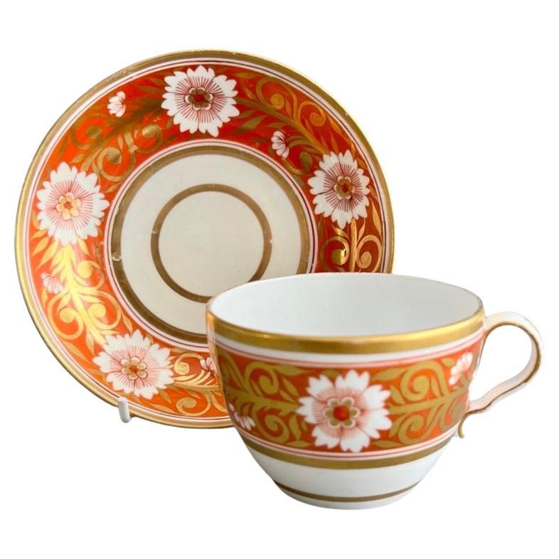 Spode Teacup and Saucer, Red, Gilt with White Chrysanthemum, Regency ca 1810 For Sale