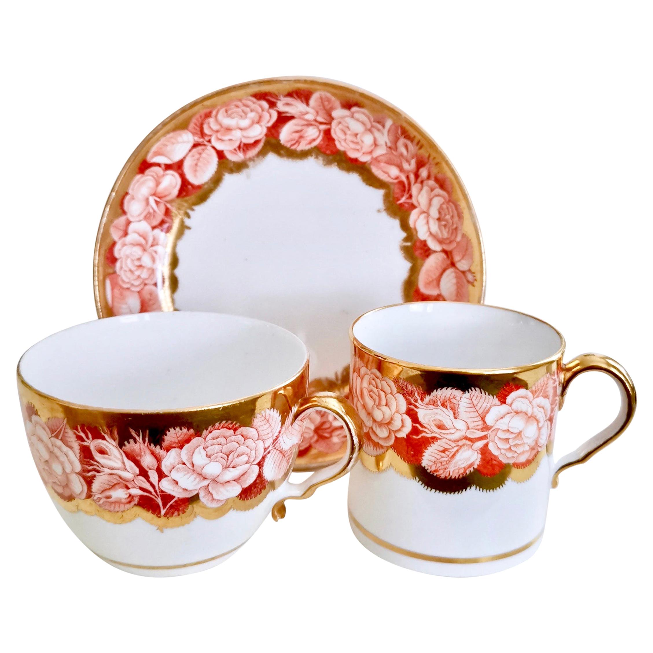 Spode Teacup Trio, Red Pluck and Dust Rose Border, Georgian, circa 1806