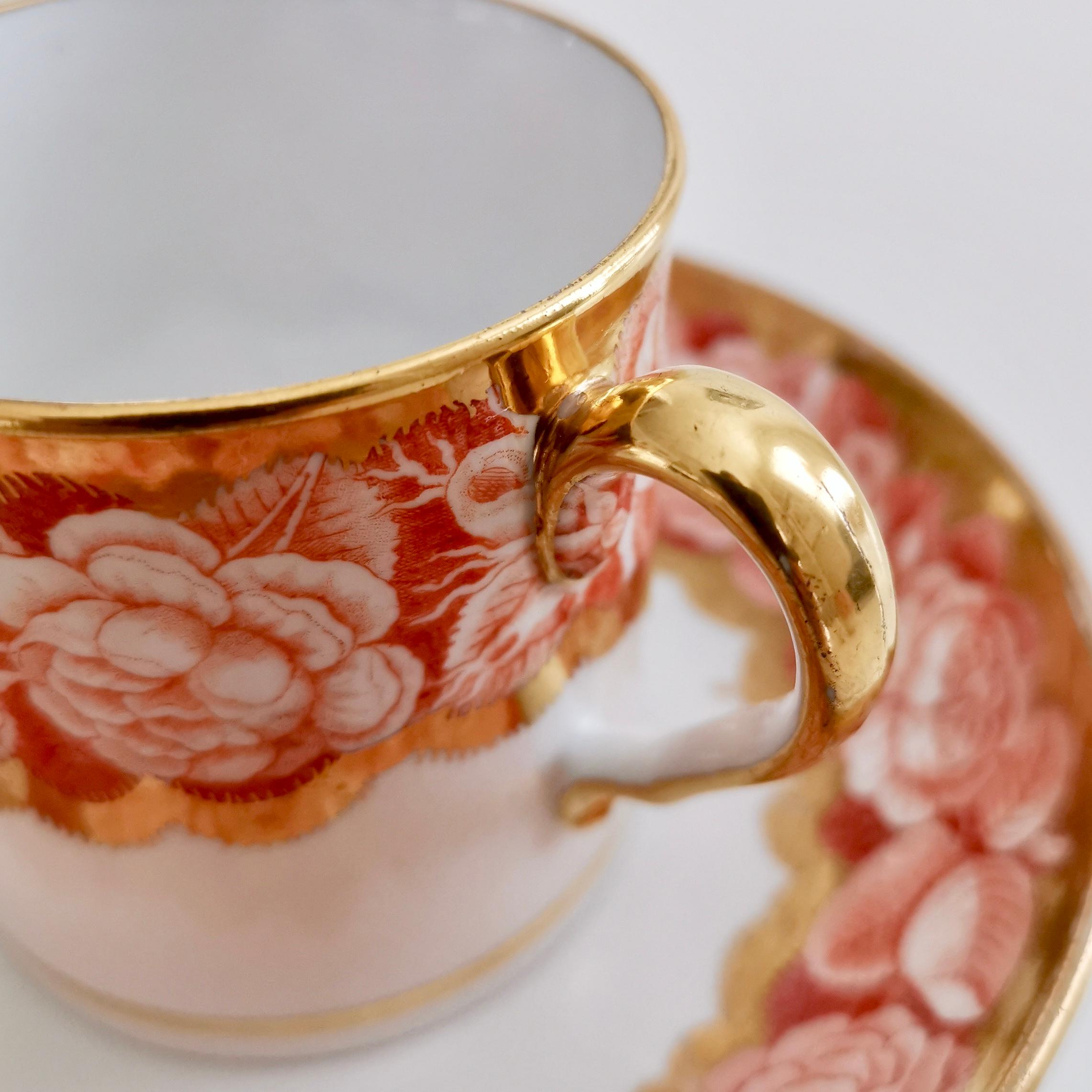 Spode Teacup Trio, Red Pluck and Dust Rose Border, Georgian, circa 1806 7