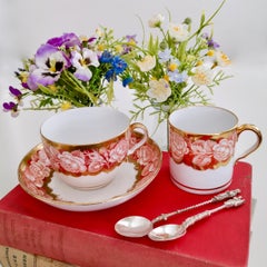 Spode Teacup Trio, Red Pluck and Dust Rose Border, Georgian, circa 1806