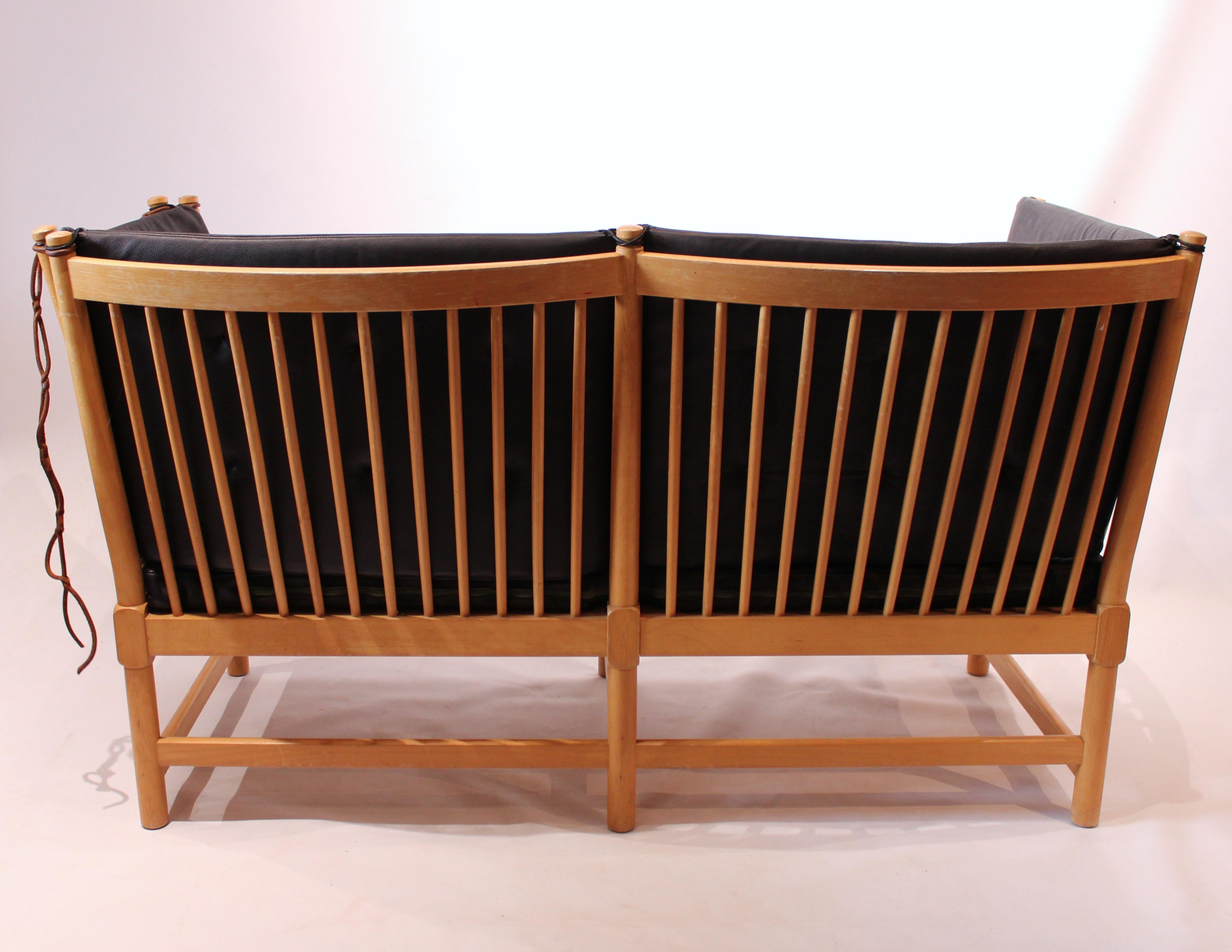 Danish Spokeback sofa in beech and classic black leather, by Børge Mogensen, 1985