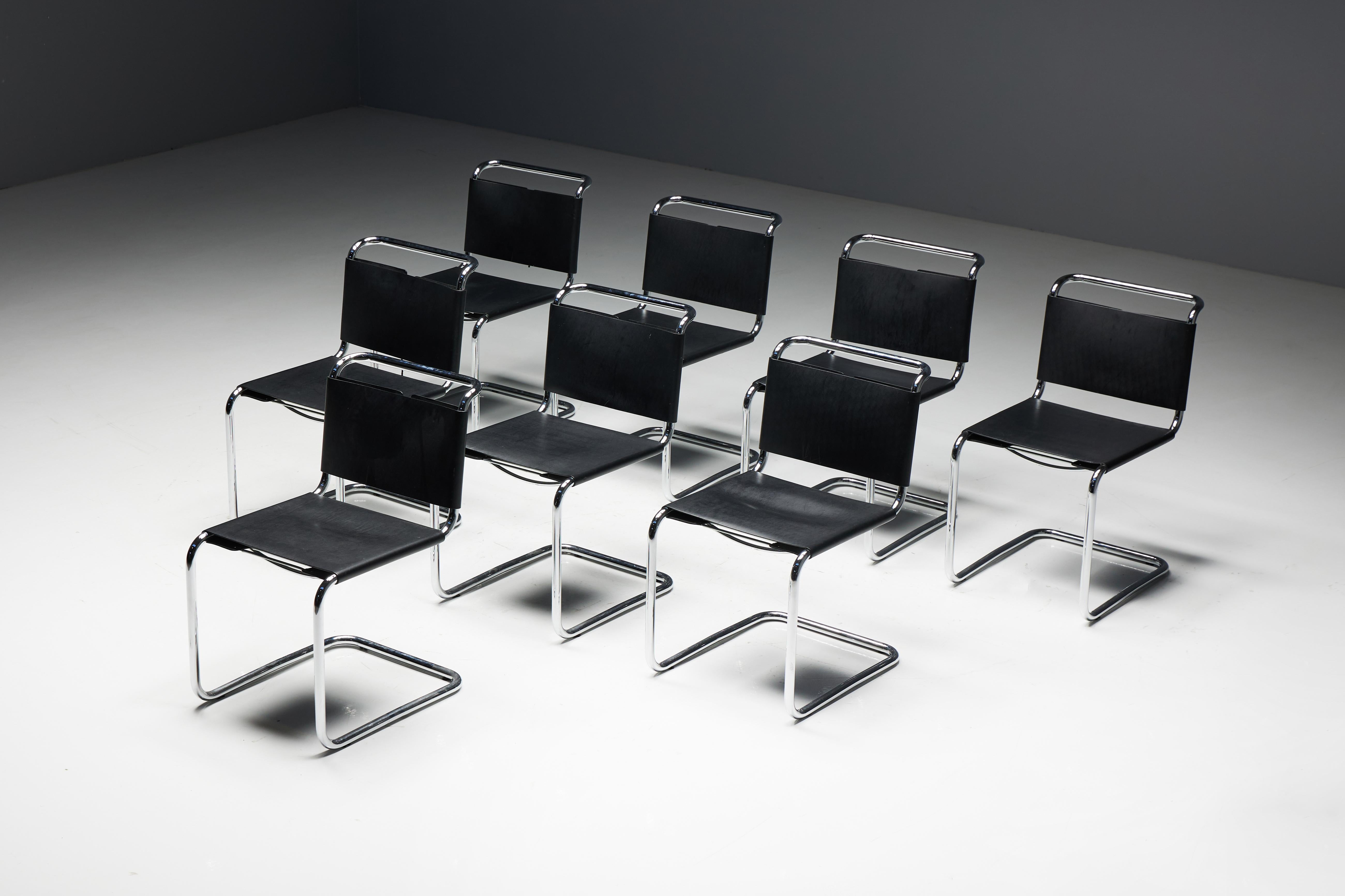 Spoleto Chair by Ufficio Tecnico for Knoll, a timeless piece of modern design. These chairs boast black leather seats integrated with polished chrome frames. The laced backrests not only provide comfort and support but also contribute to the chair's