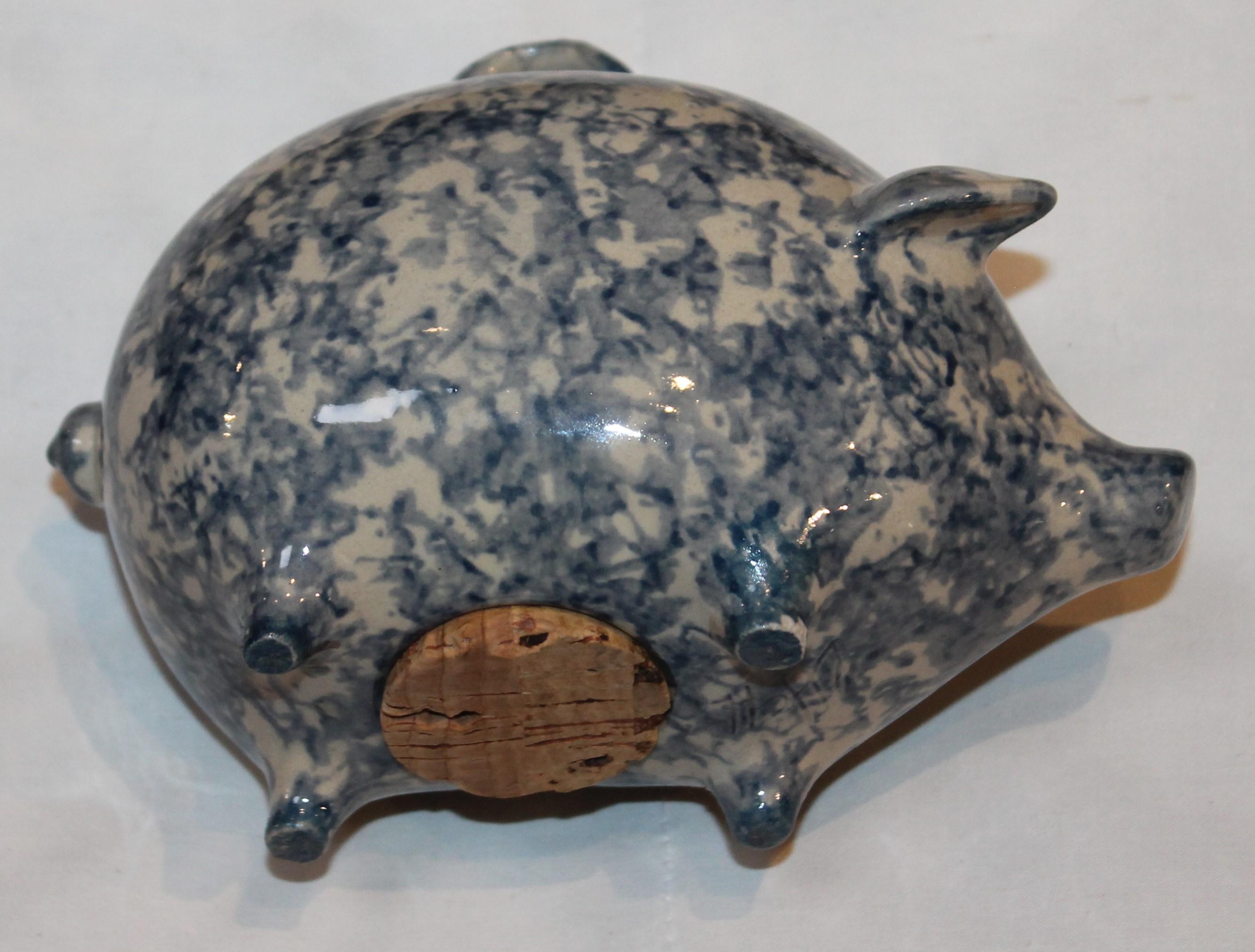 Country Sponge Ware Pottery Piggy Bank / Rare