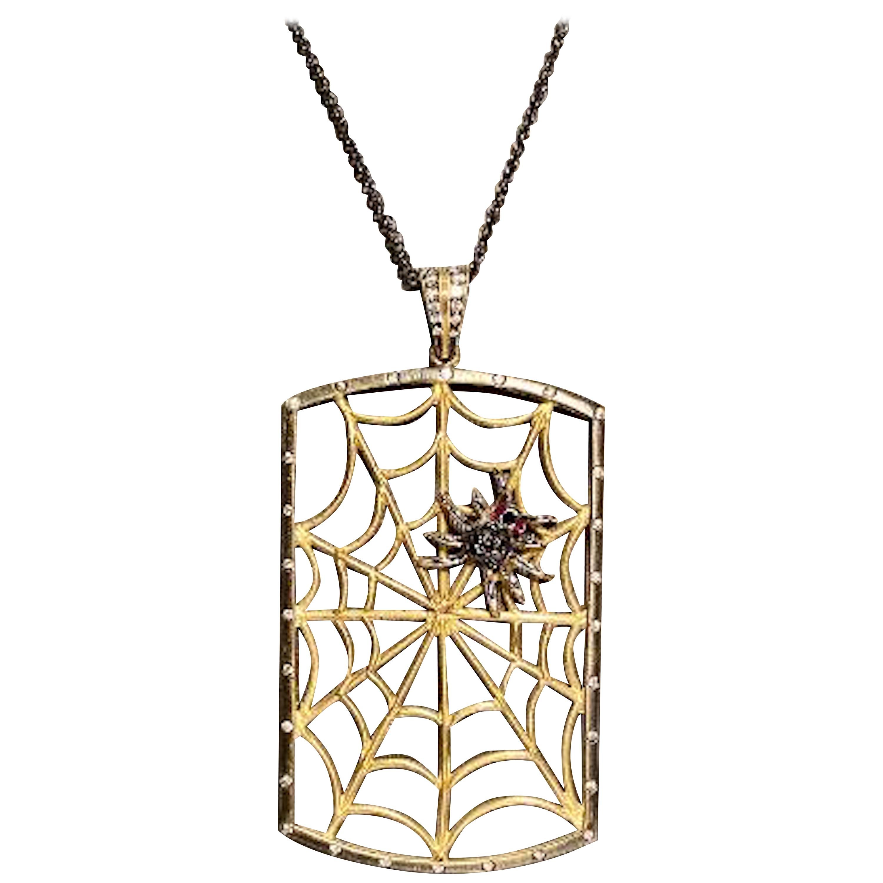 Spooktacular Large 18 Karat Gold Diamond Spider Web Pendant Necklace on Chain