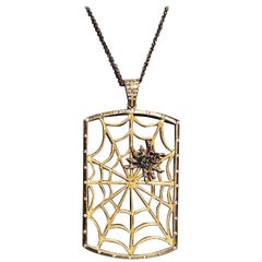 Spooktacular Large 18 Karat Gold Diamond Spider Web Pendant Necklace on Chain