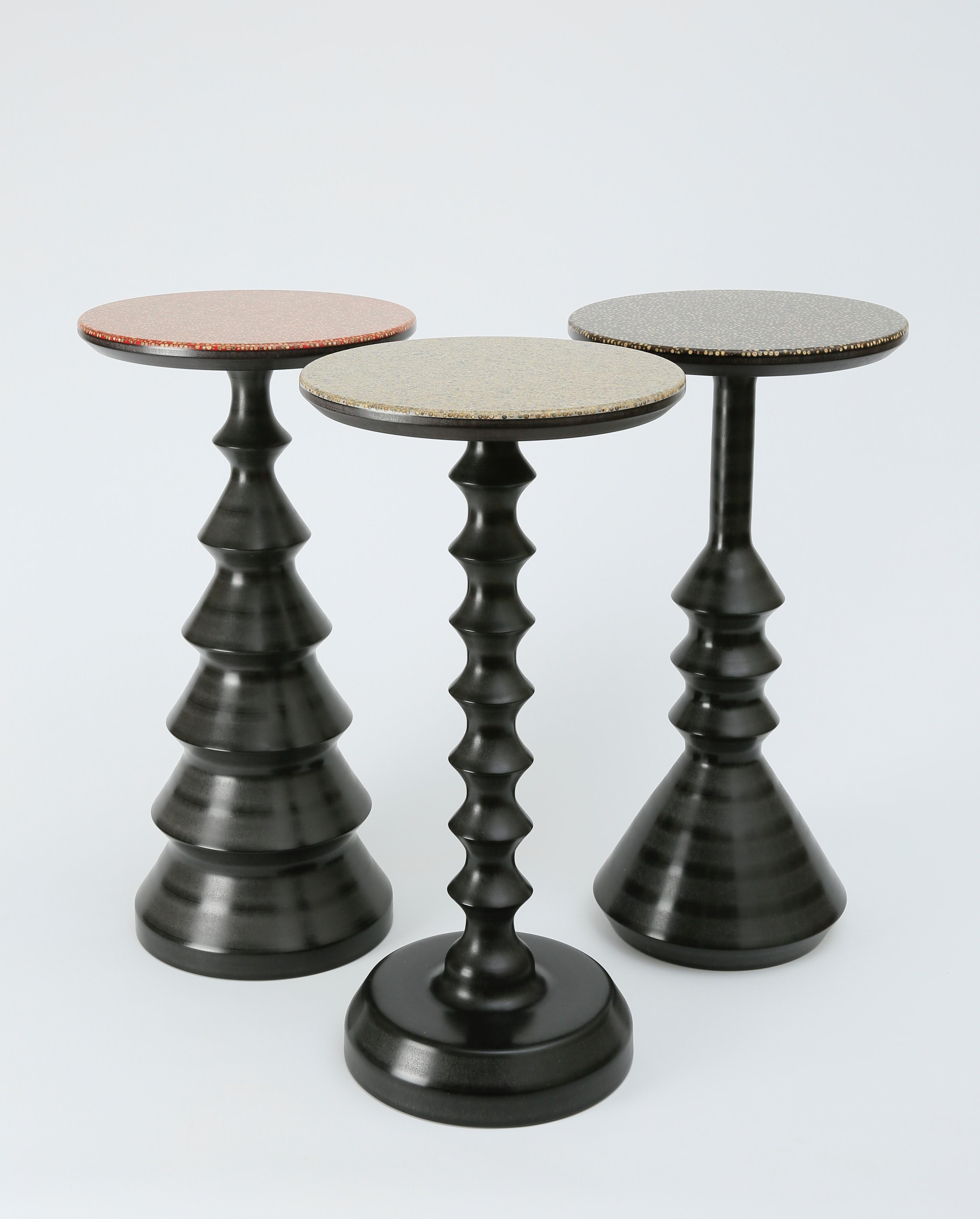 Laminated 'Spool' End Table in Black Valchromat and Black Piper Surface by Laurent Peacock For Sale