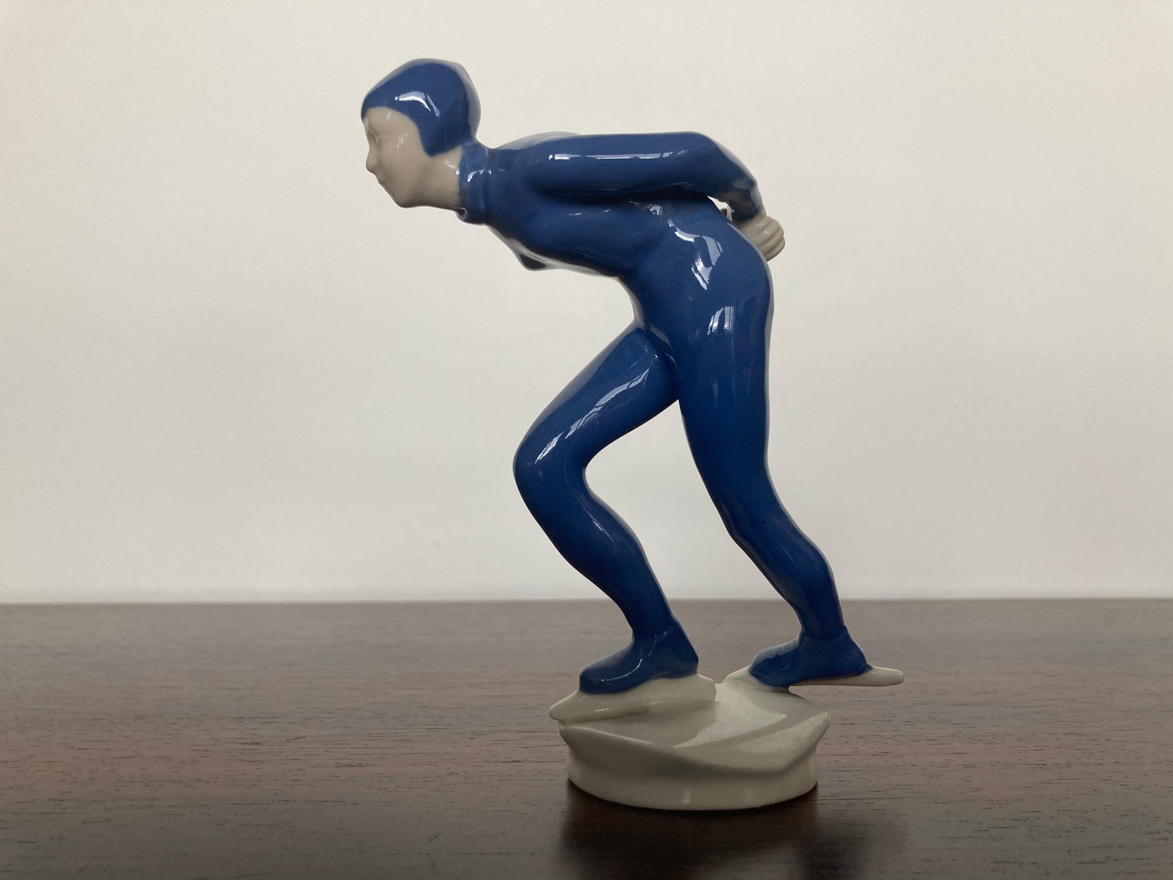 Art Deco Sport Ceramic Sculpture Athlete Ice Skater by J.Hejdova Holeckova, 1950s For Sale