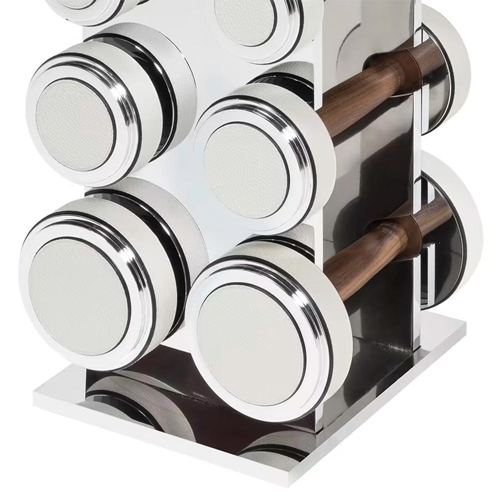 Weights sport set Chrome includes pairs of 1kg, 3kg, and 5 kg weights. 
Base in chrome finish. Featuring walnut wood grips and fine leather inserts, 
with high quality grained white genuine italian leather.