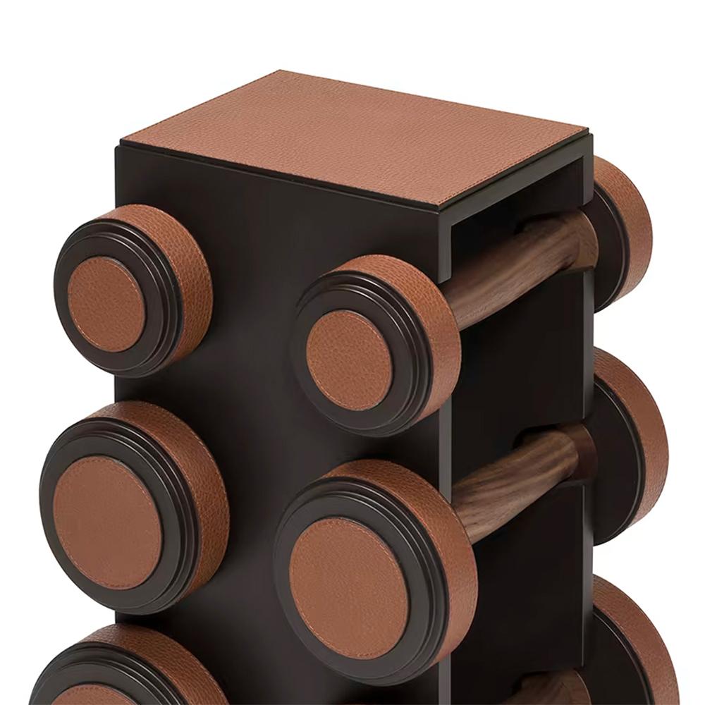 Weights sport set includes pairs of 1kg, 3kg, and 5 kg weights. 
Base in solid bronze in matt finish. Featuring walnut wood grips 
and fine leather inserts, with high quality grained brown genuine
italian leather.