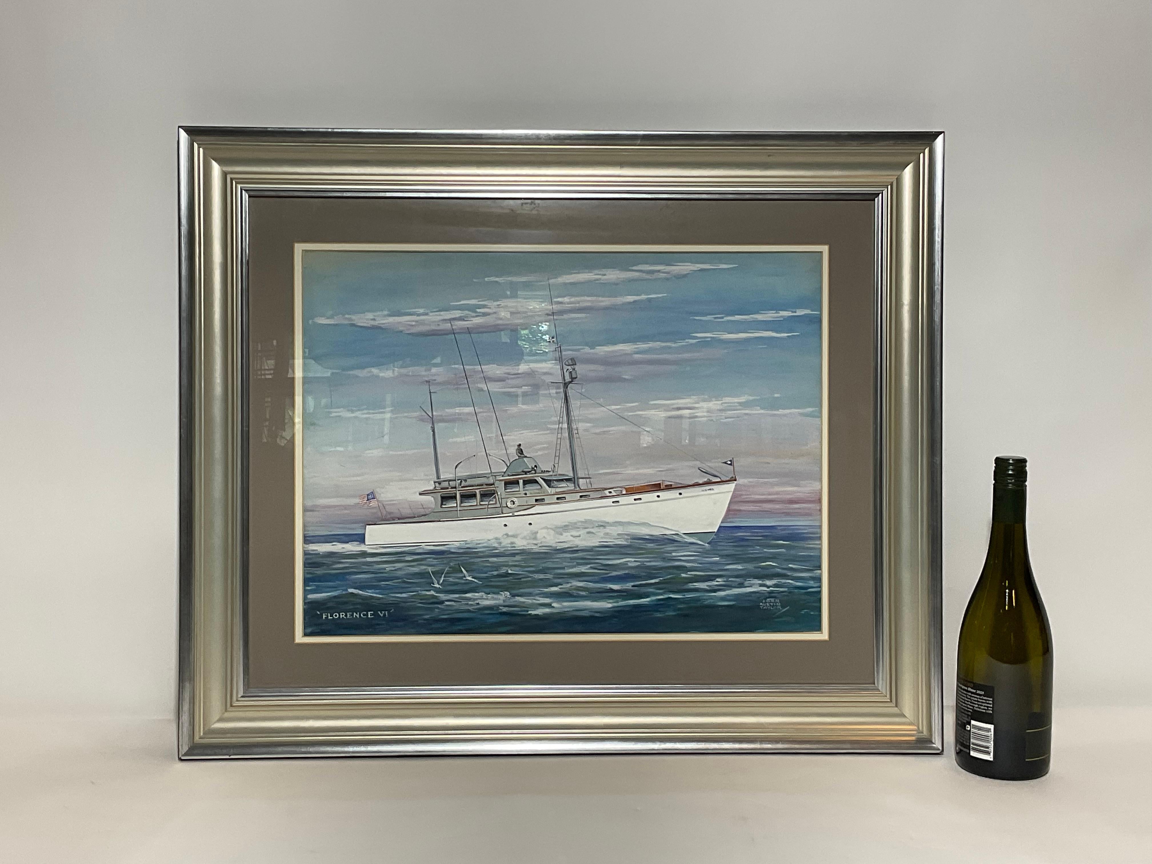 Awesome gouache painting of a big sport fishing vessel. The boat is identified as the Florence IV and has outriggers, davits, mast, searchlights, horns, burgee, ensign, etc., signed lower right John Austin Taylor. Double matted and framed.

Weight: