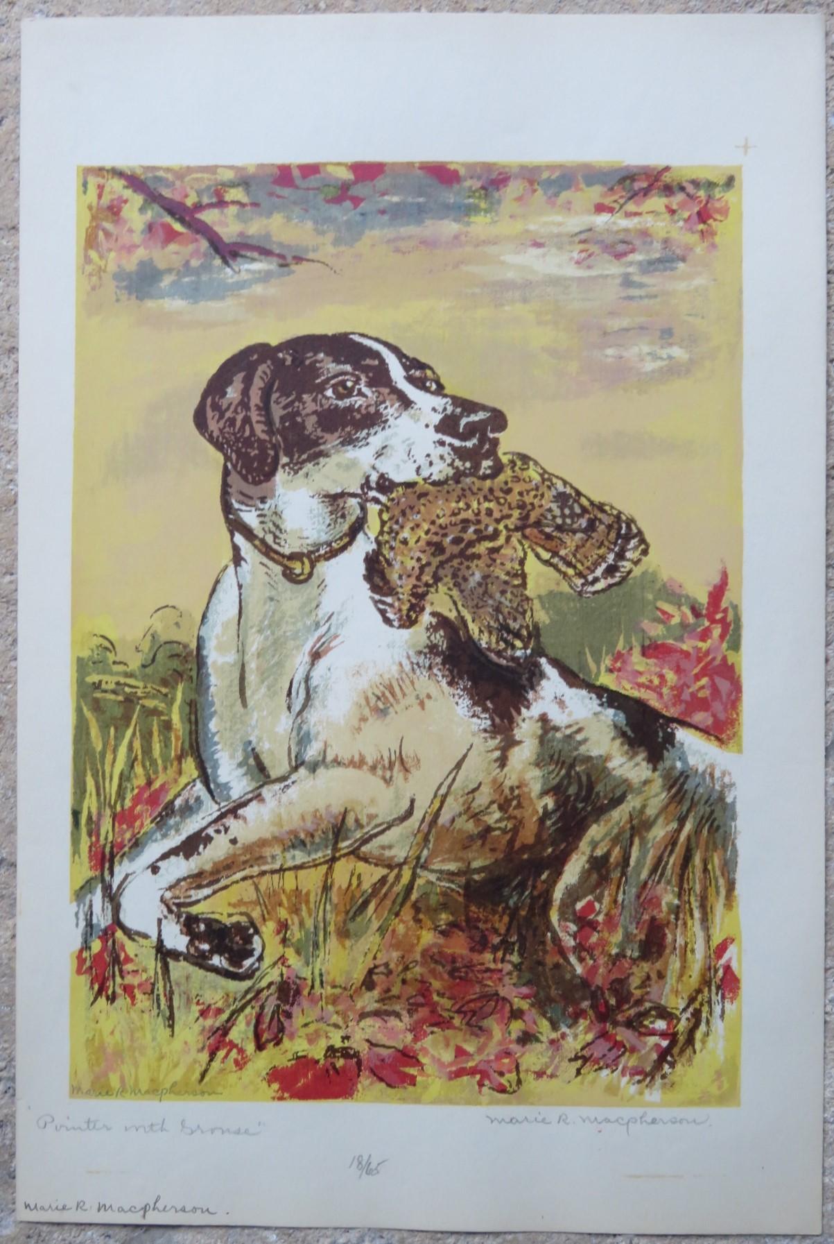 A trio of Marie MacPherson serigraphs dating back to the 1940s depicting birds and sporting dogs.  According to a written statement by her, 