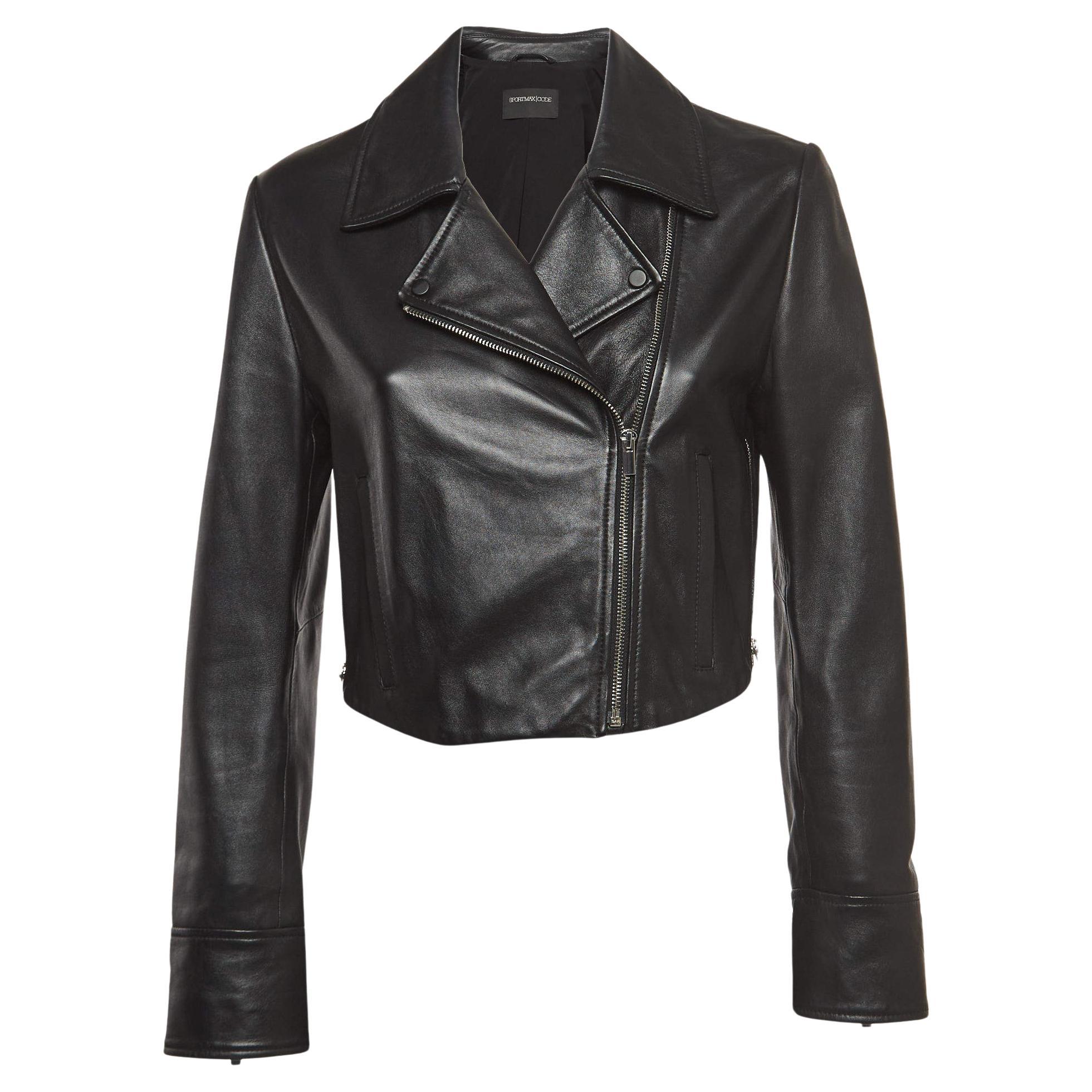 Sportmax Black Leather Cropped Biker Jacket M For Sale