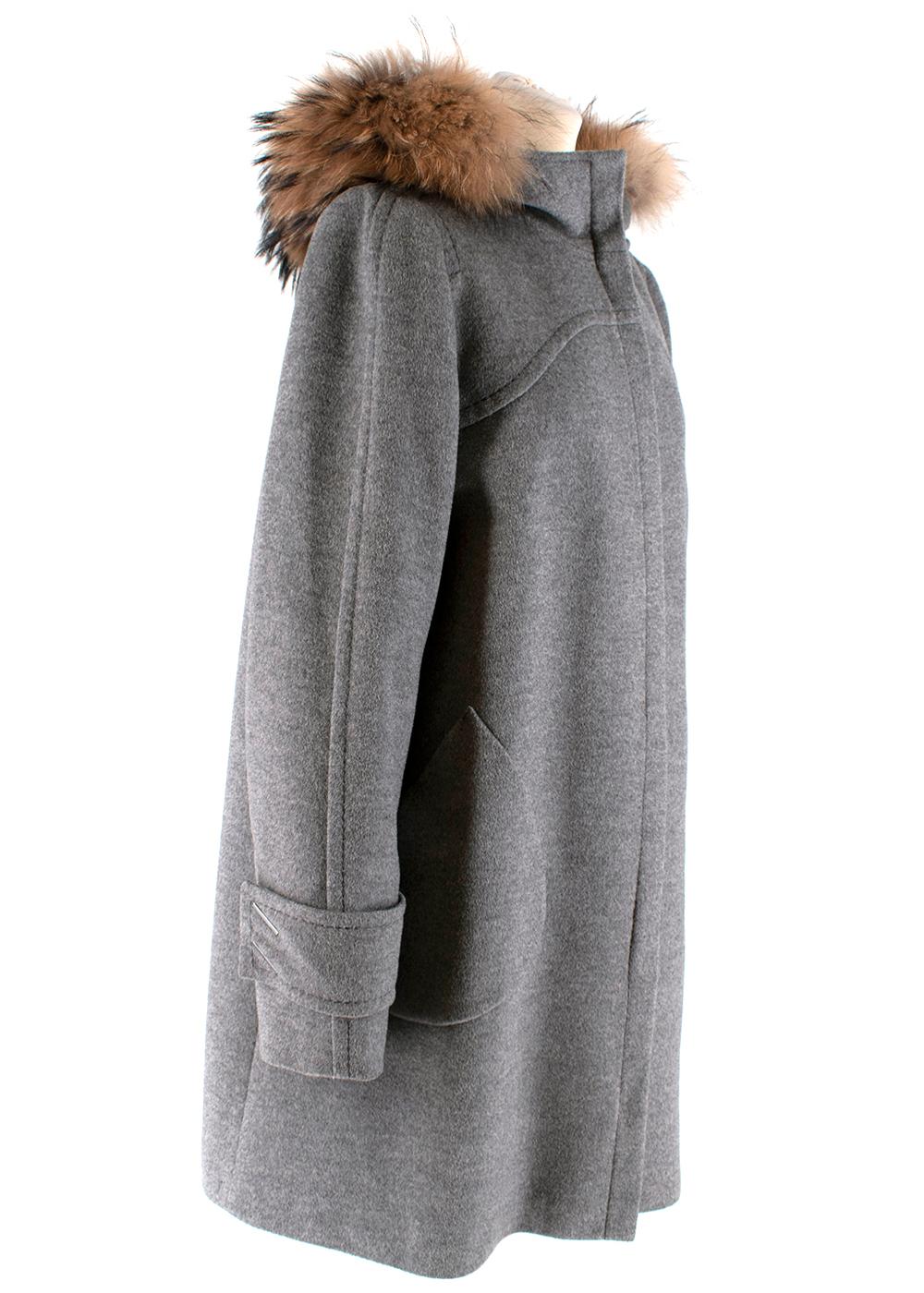 Gray Sportmax Grey Wool Fur Trimmed Hooded Coat - Size US 8 For Sale
