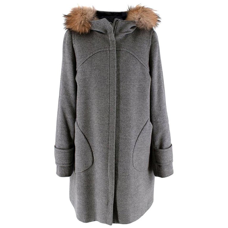Sportmax Grey Wool Fur Trimmed Hooded Coat - Size US 8 For Sale at 1stDibs