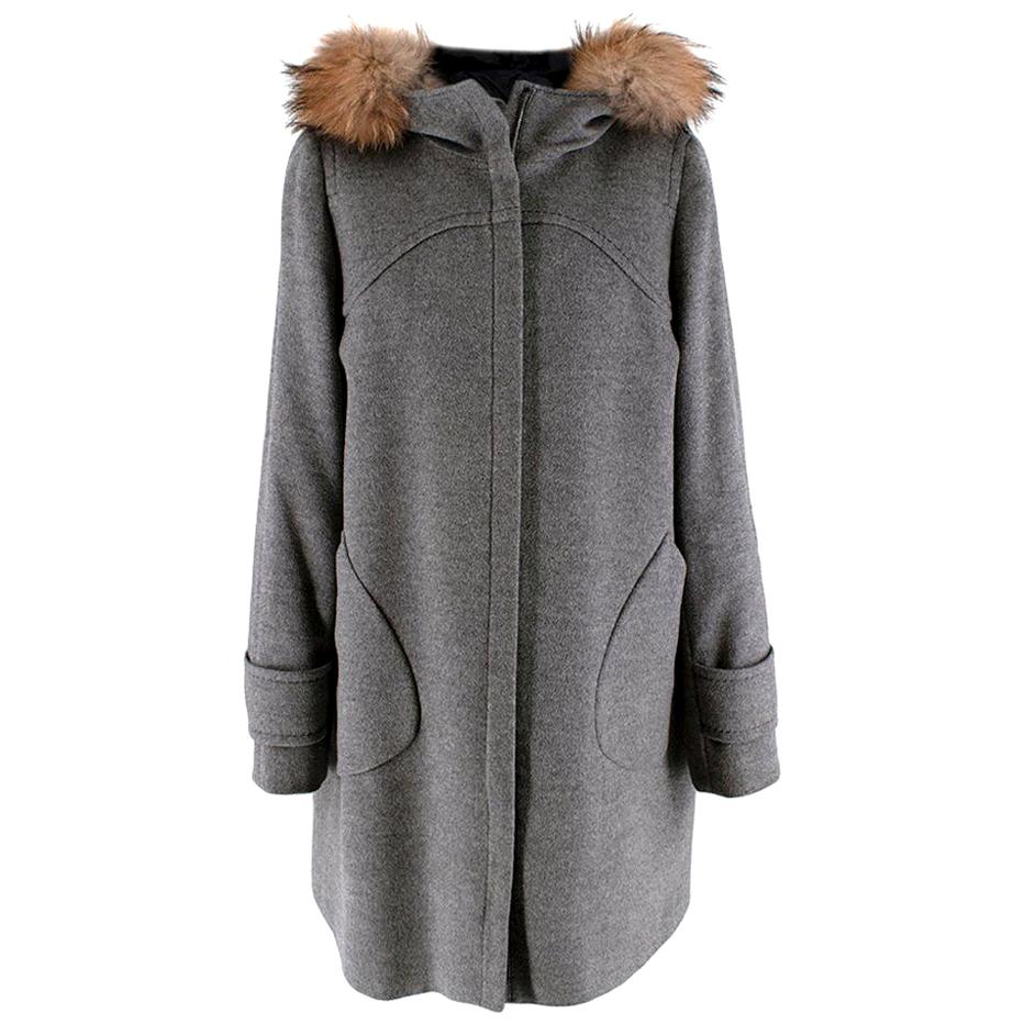 Sportmax Grey Wool Fur Trimmed Hooded Coat - Size US 8 For Sale