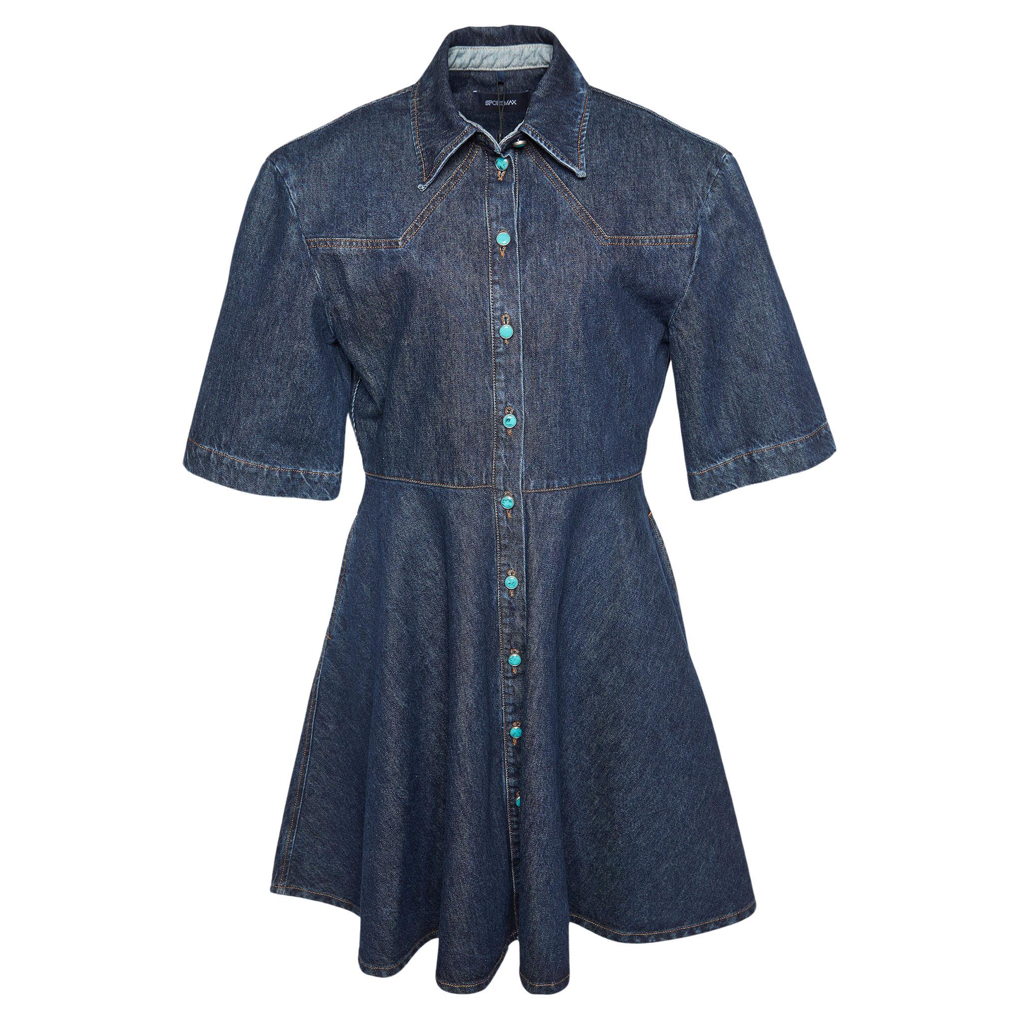 Sportmax Navy Blue Denim Panaro Mini Shirt Dress L For Sale