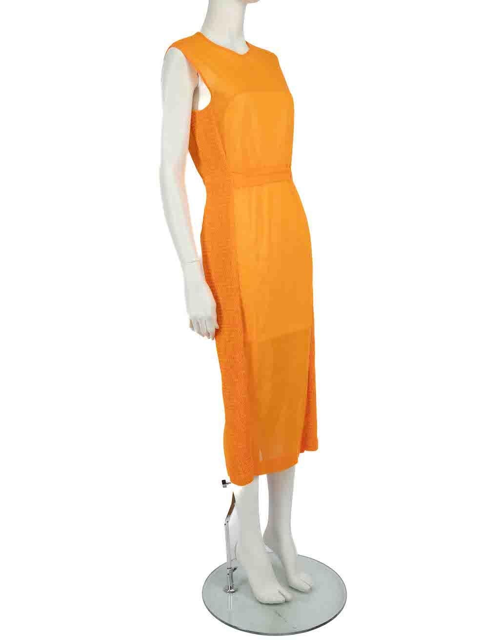 CONDITION is Very good. Minimal wear to dress is evident. Minimal wear to the right shoulder with a small mark on this used Sportmax designer resale item.
 
 
 
 Details
 
 
 Orange
 
 Cotton
 
 Dress
 
 Midi
 
 Sleeveless
 
 Round neck
 
 Smocked