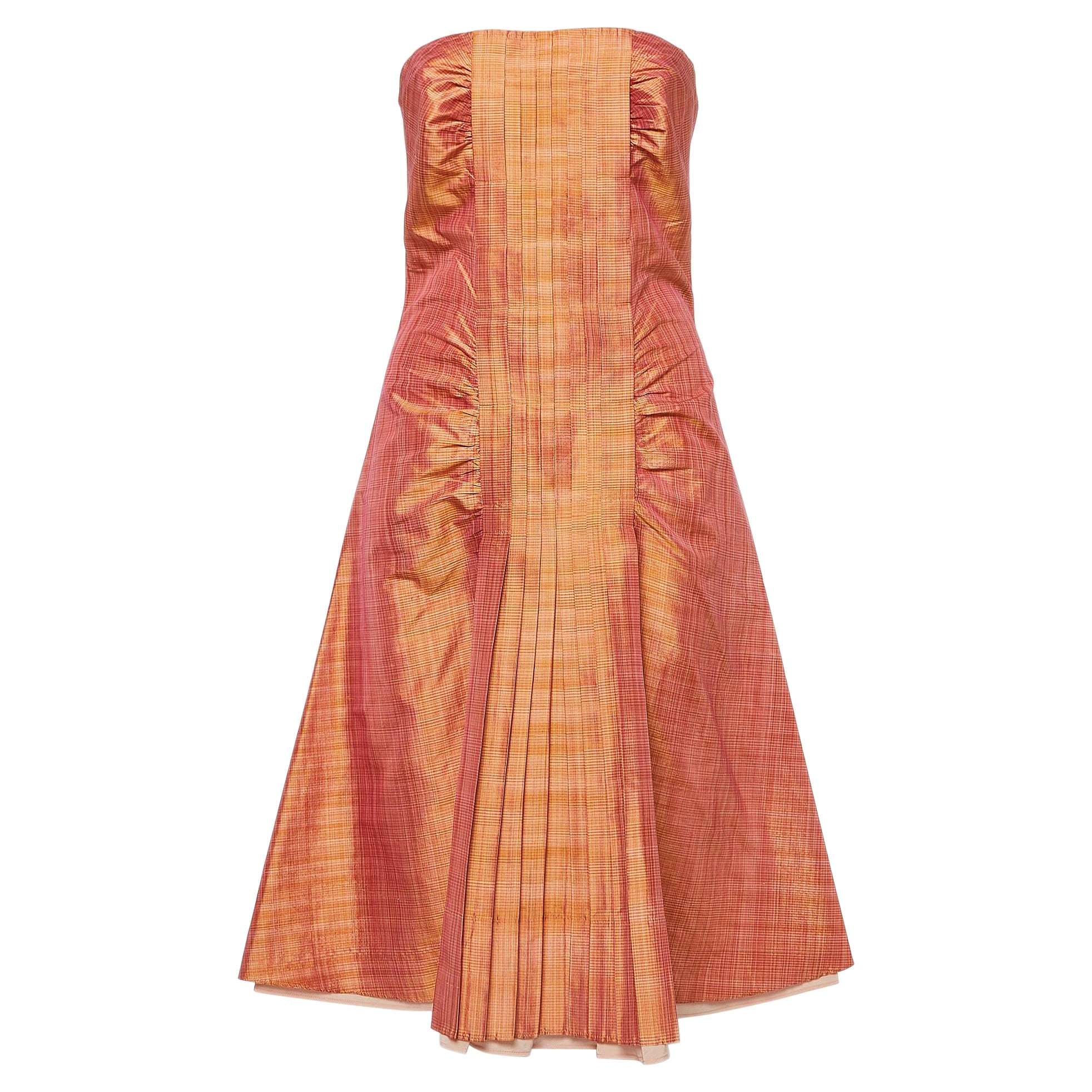 Sportmax Pink Check Taffeta Silk Pleated Strapless Mini Dress M