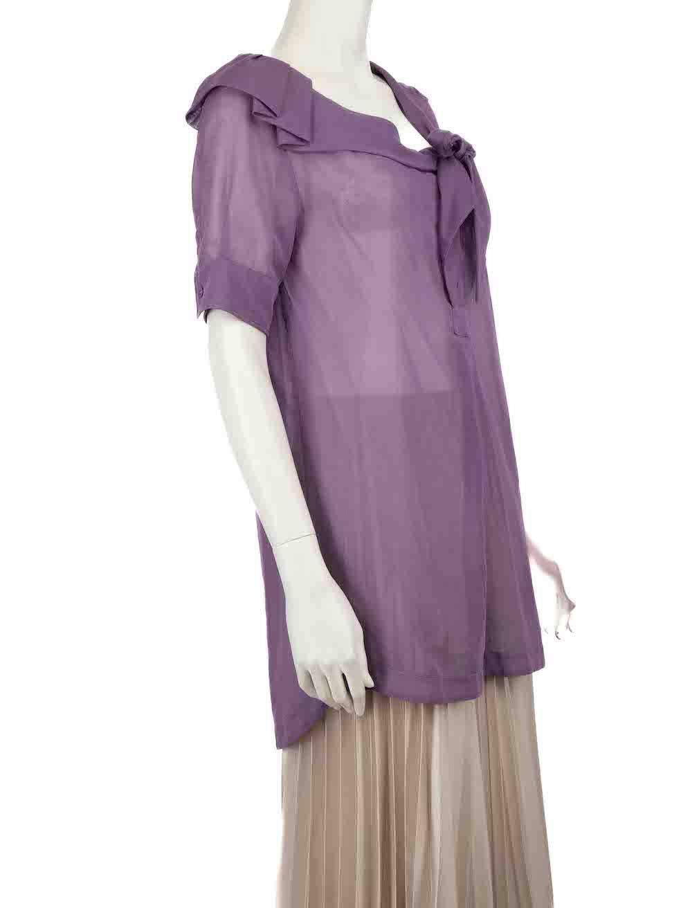 CONDITION is Very good. Hardly any visible wear to blouse is evident on this used Sportmax designer resale item.
 
 
 
 Details
 
 
 Purple
 
 Cotton
 
 Blouse
 
 Oversized fit
 
 Sheer
 
 Short sleeves
 
 Button up fastening
 
 Neck tie detail
 
