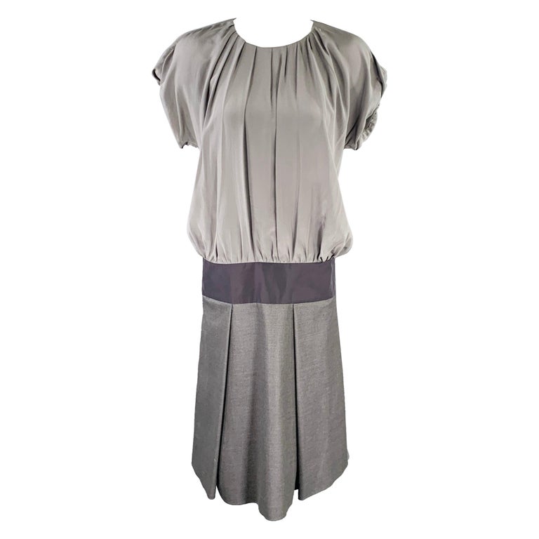 SPORTMAX Size XS Grey Black Silk Virgin Wool Blend Two Tone Pleated Dress  For Sale at 1stDibs