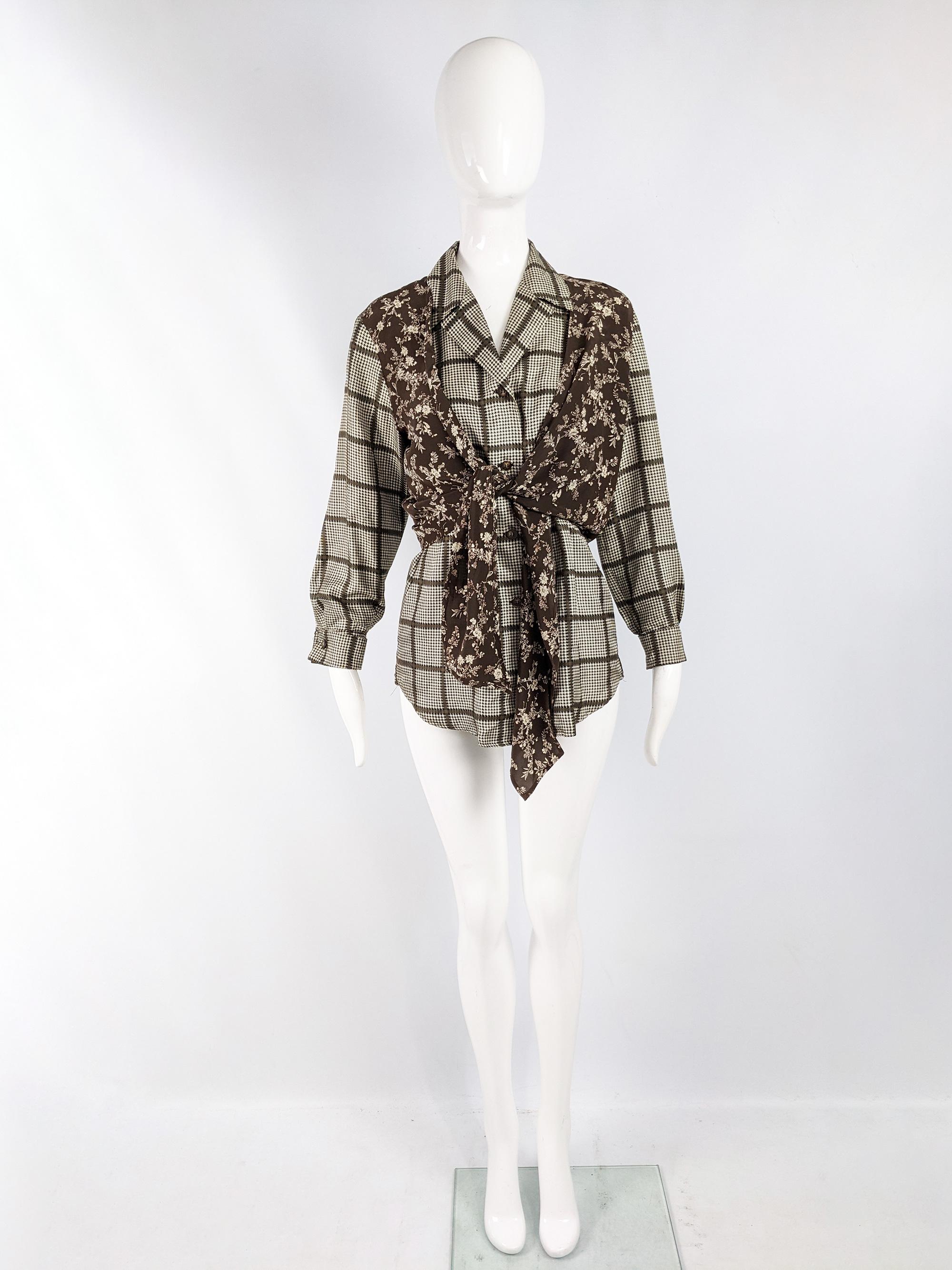 A chic vintage womens long sleeve silk blouse from the 90s by Max Mara for the Sportmax line. In a pure silk checked fabric with a floral over layer that can be tied in the front. 

Size: Unlabelled; fits like a modern womens UK 12-14/ US 8-10.