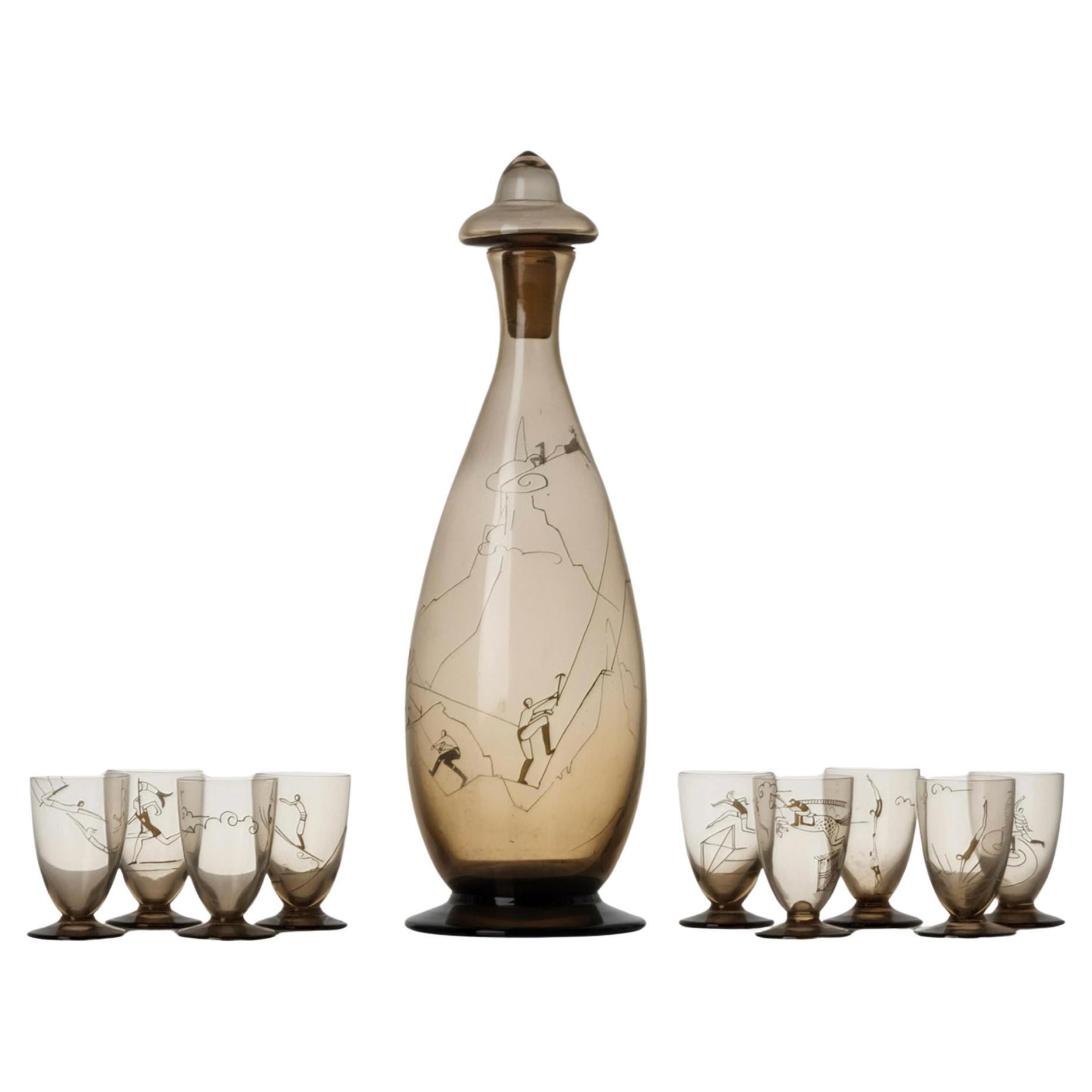 "Jarra y vasos Art Decó de temática deportiva", Juego único de Daum, Francia en venta