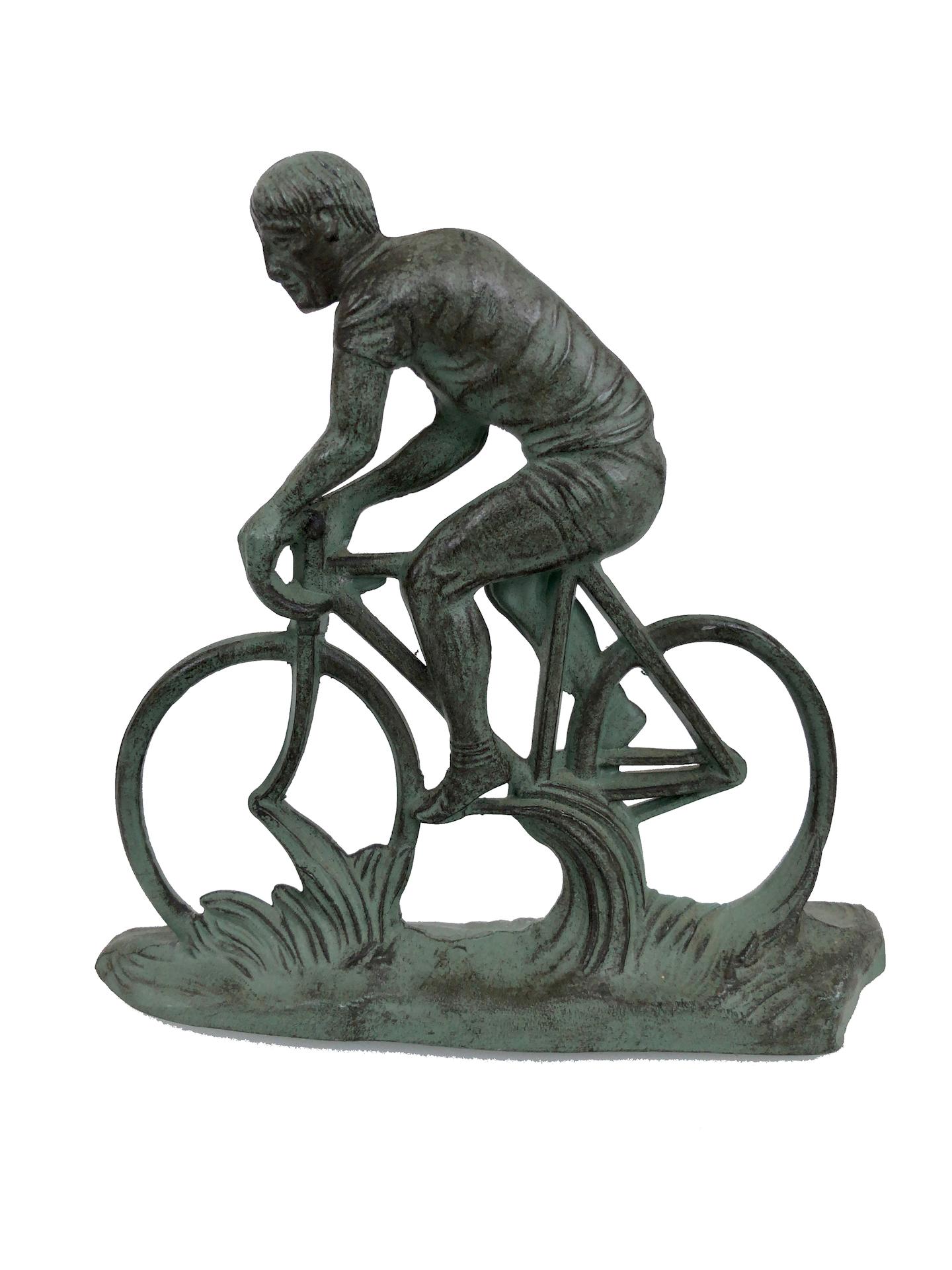 Patinated Sportsman on a Racing Bicycle, Sculpture in Spelter, Art Deco, France, 1930s
