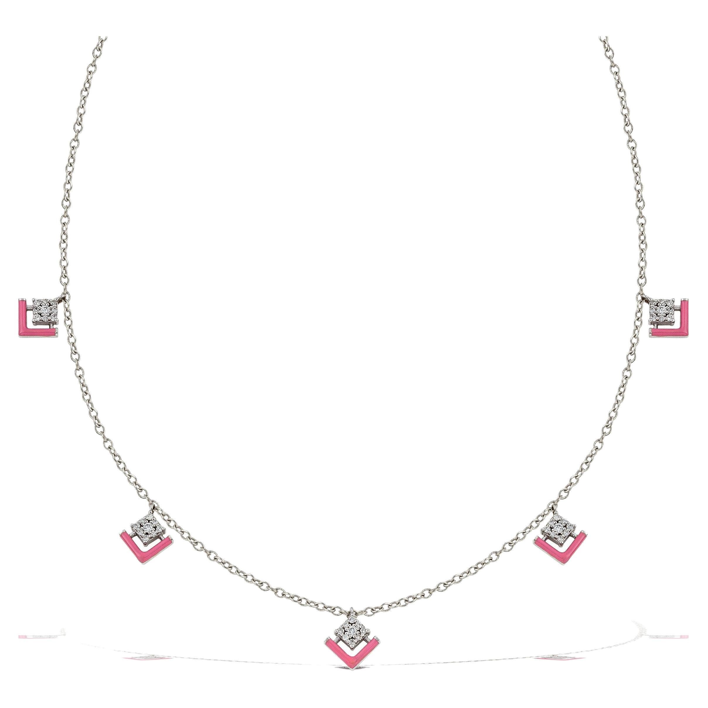 Spotlight Gold Necklace with Diamonds and Pink Enamel For Sale