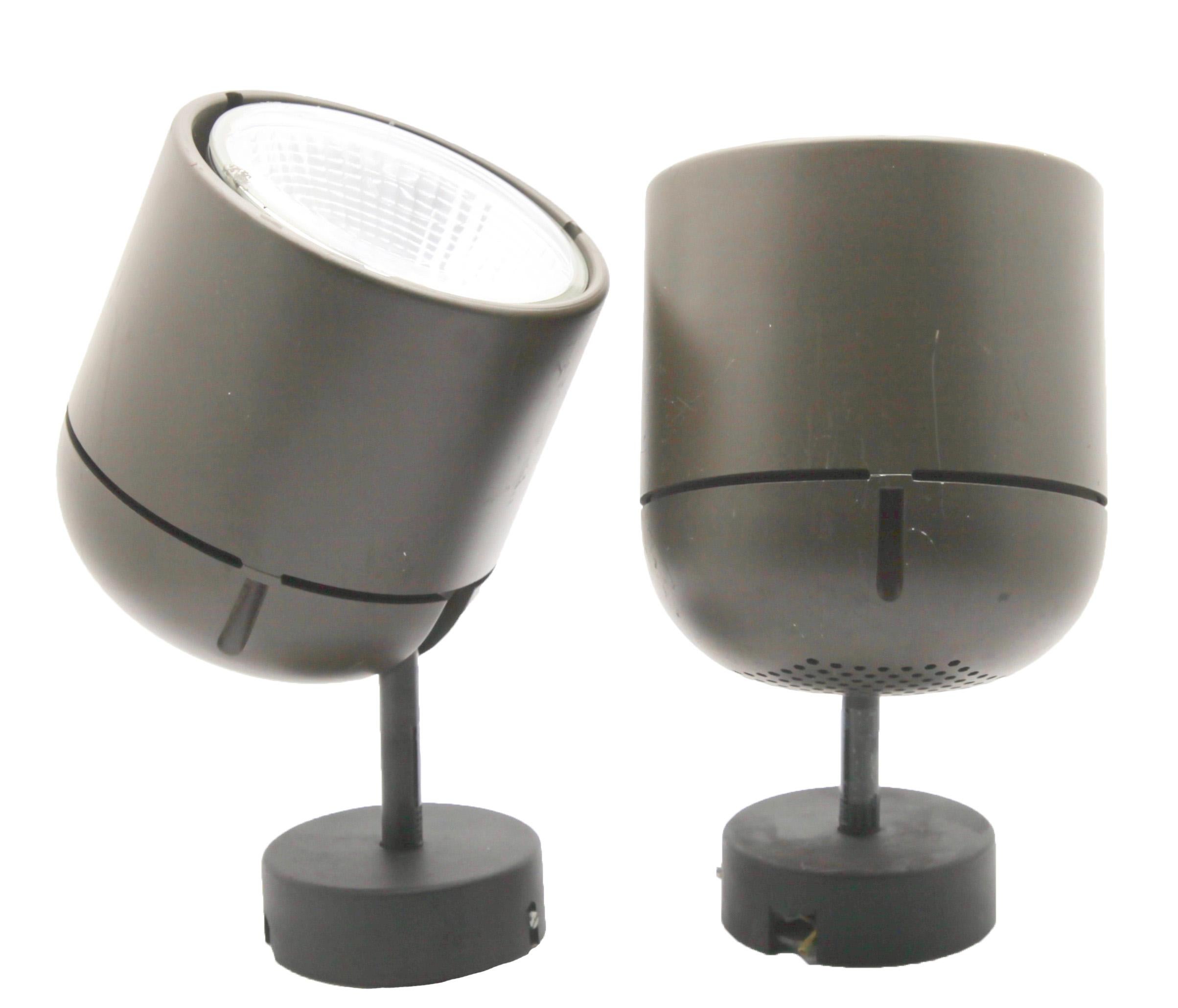 Pair of wall-mounted spotlights. By Motoko Ishii for Staff Leuchten.

Dimensions: Diameter of body 5.51 inches and the total length of 8.66
The bulb fitting E27 (see picture.)
Spot Silvania Hi-Spot 120 Halogen 100 Watt Floot 30 % (see