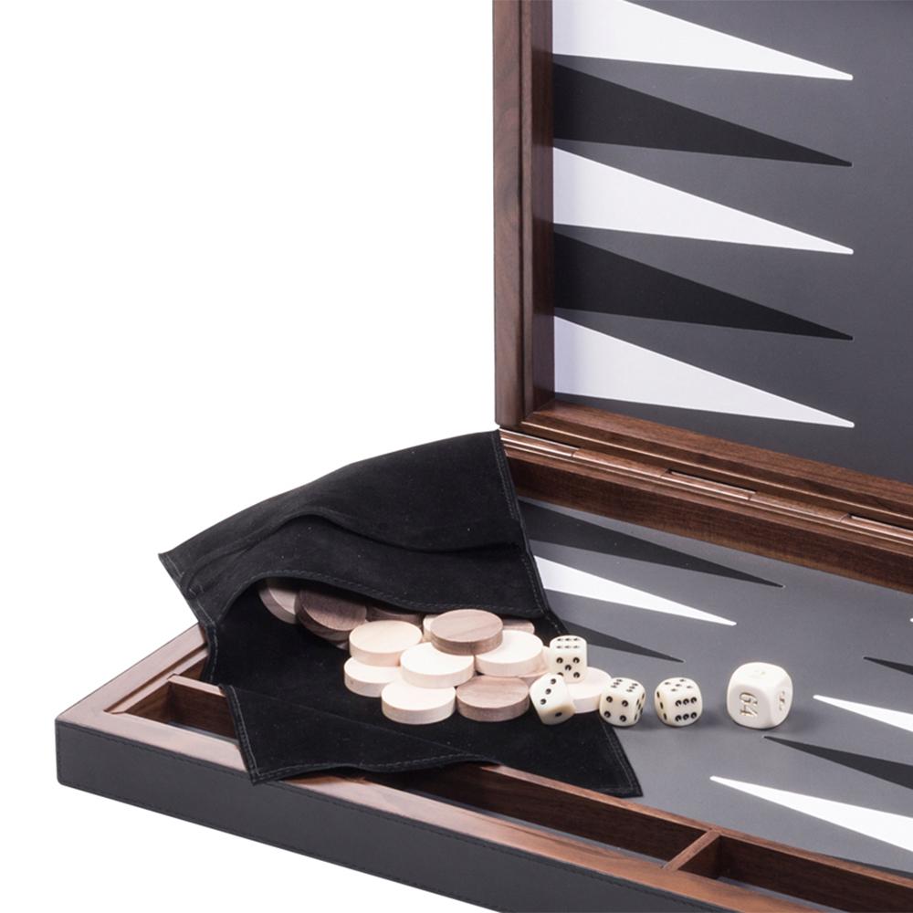Backgammon spotted with solid walnut case. Backgammon lid's covered with 
genuine leather with a spotted pattern in relief. With magnetic closing system.
With leather inlaid playing surface. 
Game include a boxwood checkers and dices.
