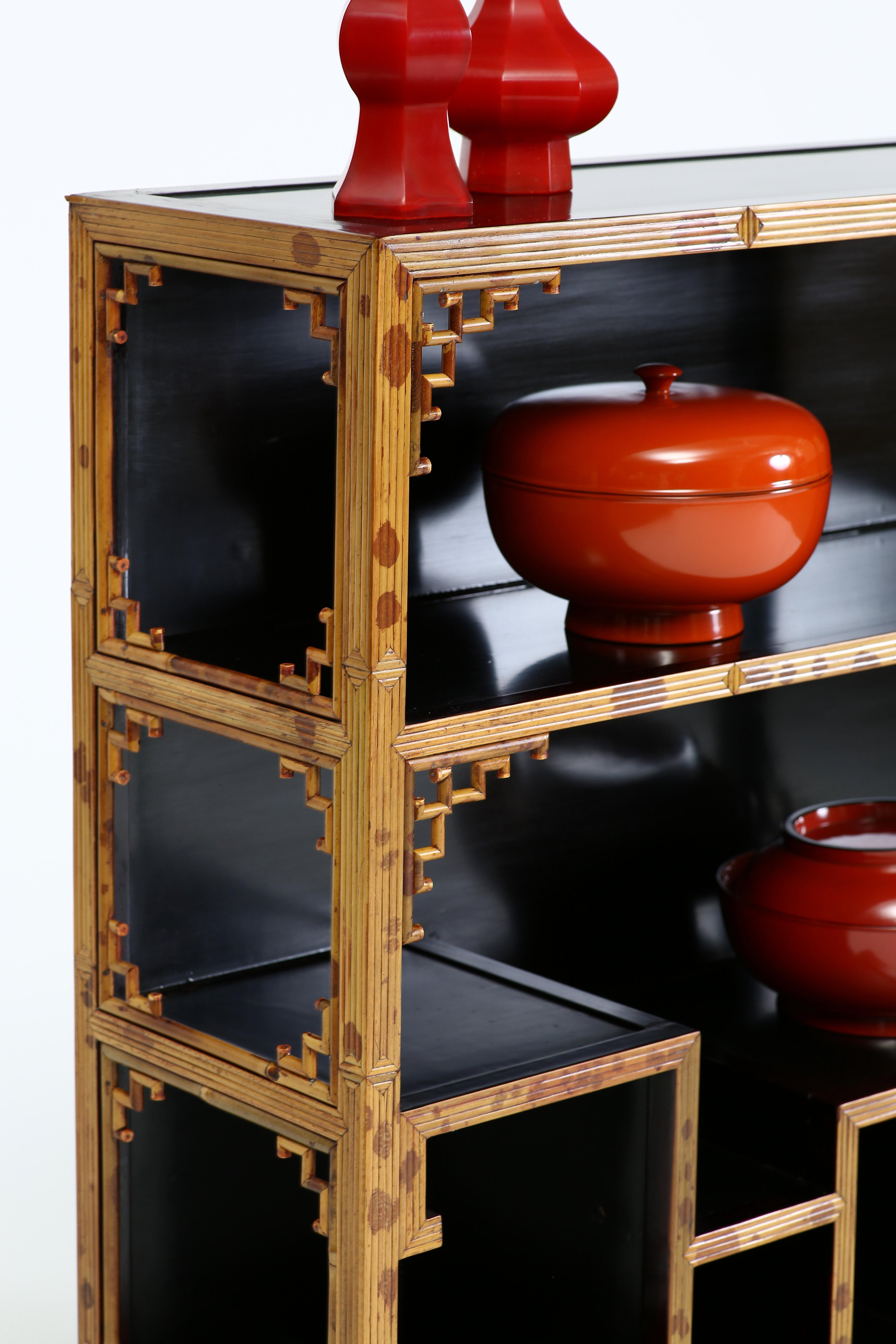 Chinese Spotted Bamboo Chinoiserie Curio Display Shelves Low Cabinet For Sale