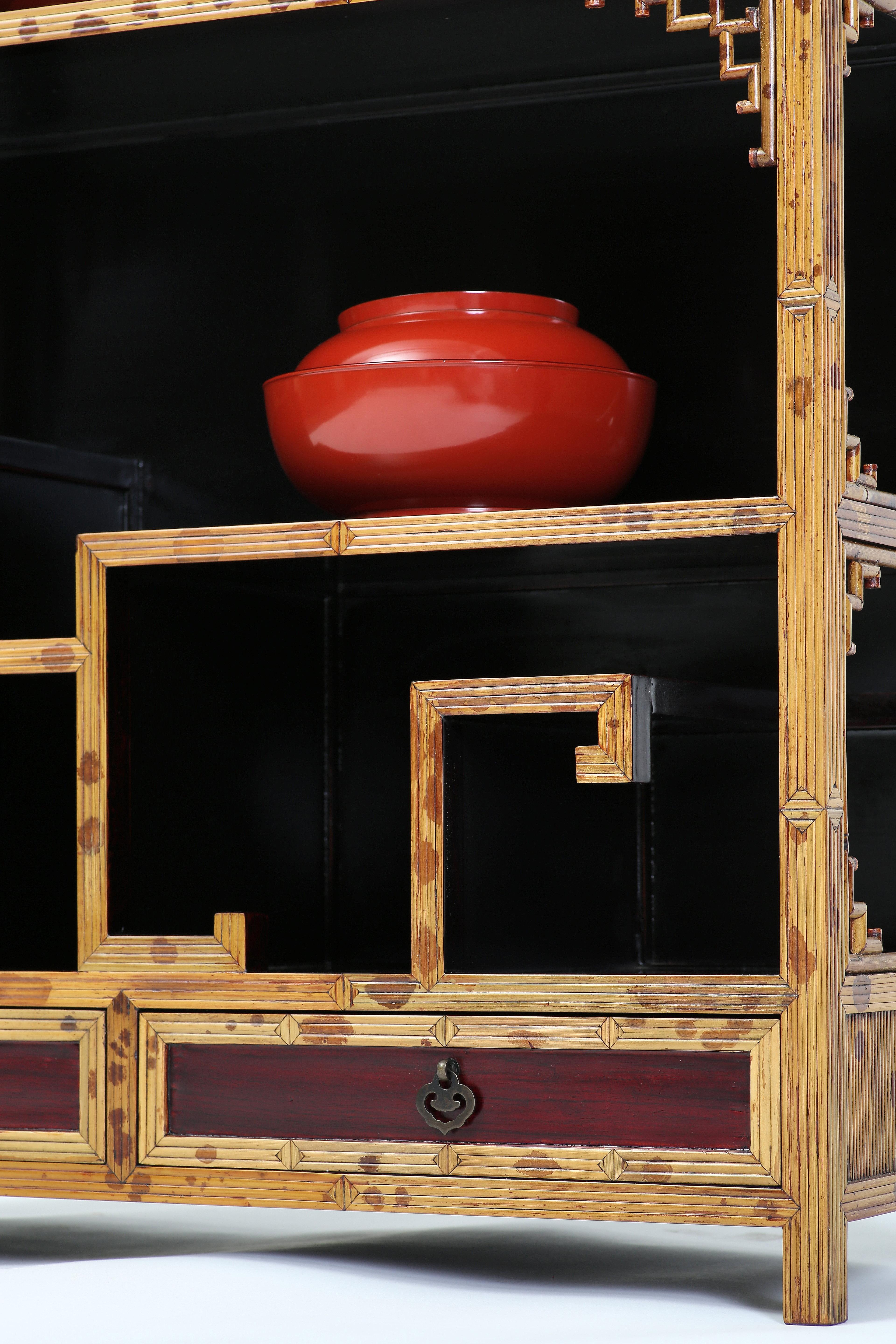 Hand-Crafted Spotted Bamboo Chinoiserie Curio Display Shelves Low Cabinet